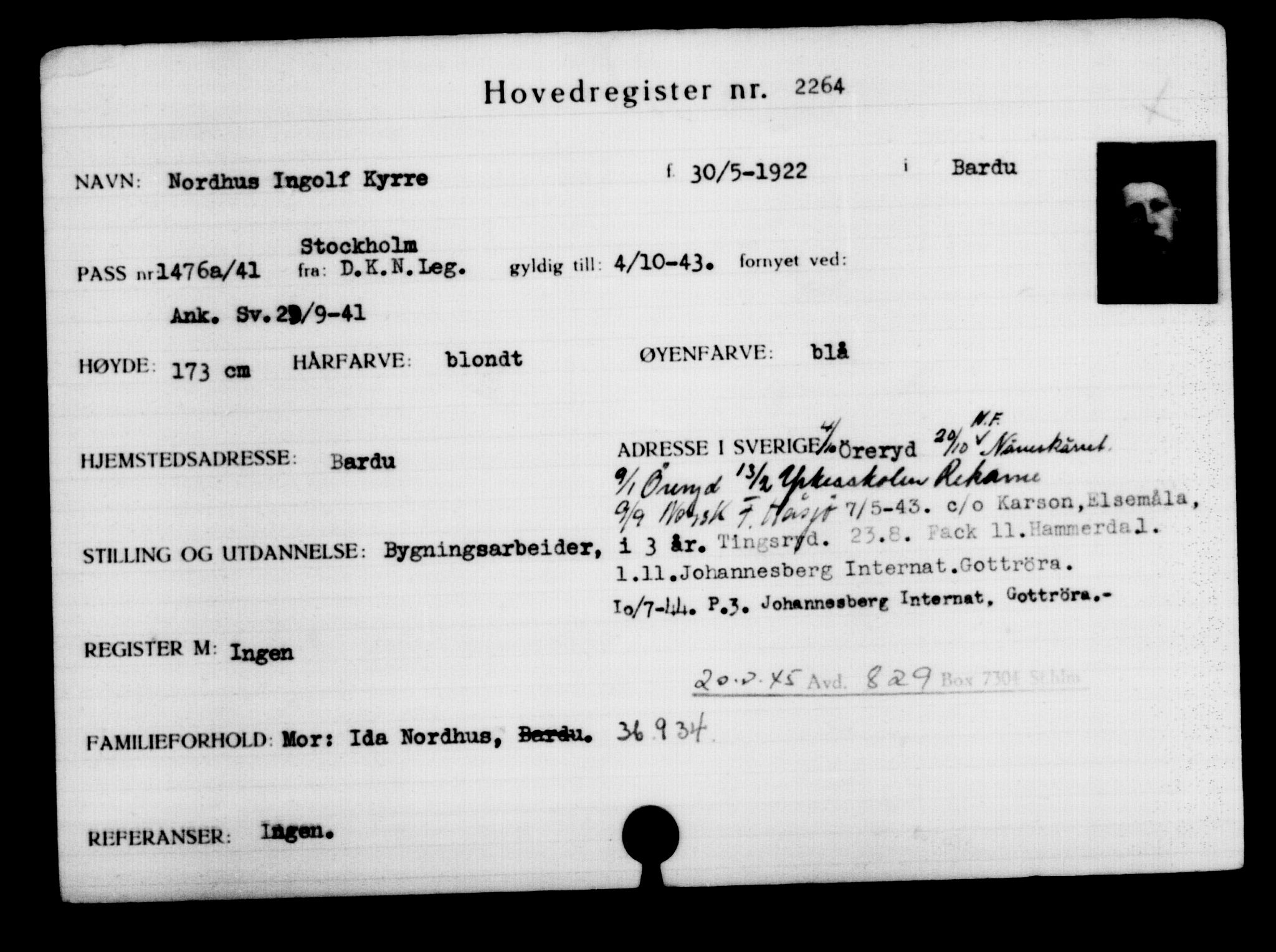 Utenriksstasjonene, Legasjonen i Stockholm, Flyktningkontoret, AV/RA-S-6753/V/Va/L0003: Kjesäterkartoteket, flyktninger med registreringsnr. 2001-3495, 1940-1945, p. 370