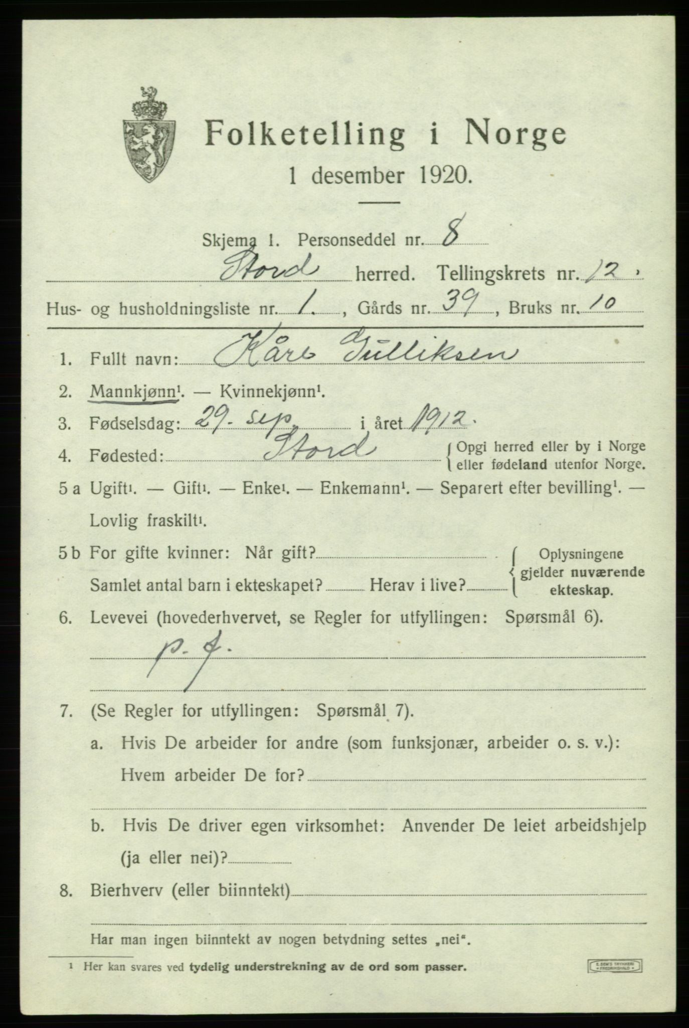 SAB, 1920 census for Stord, 1920, p. 7011