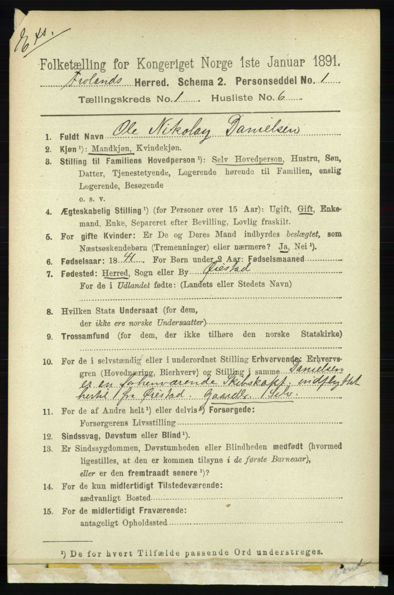 RA, Census 1891 for Nedenes amt: Gjenparter av personsedler for beslektede ektefeller, menn, 1891, p. 425