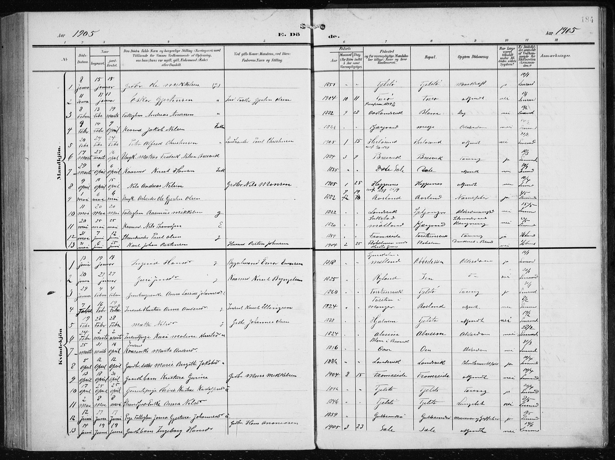 Herdla Sokneprestembete, SAB/A-75701/H/Haa: Parish register (official) no. A 5, 1905-1918, p. 184