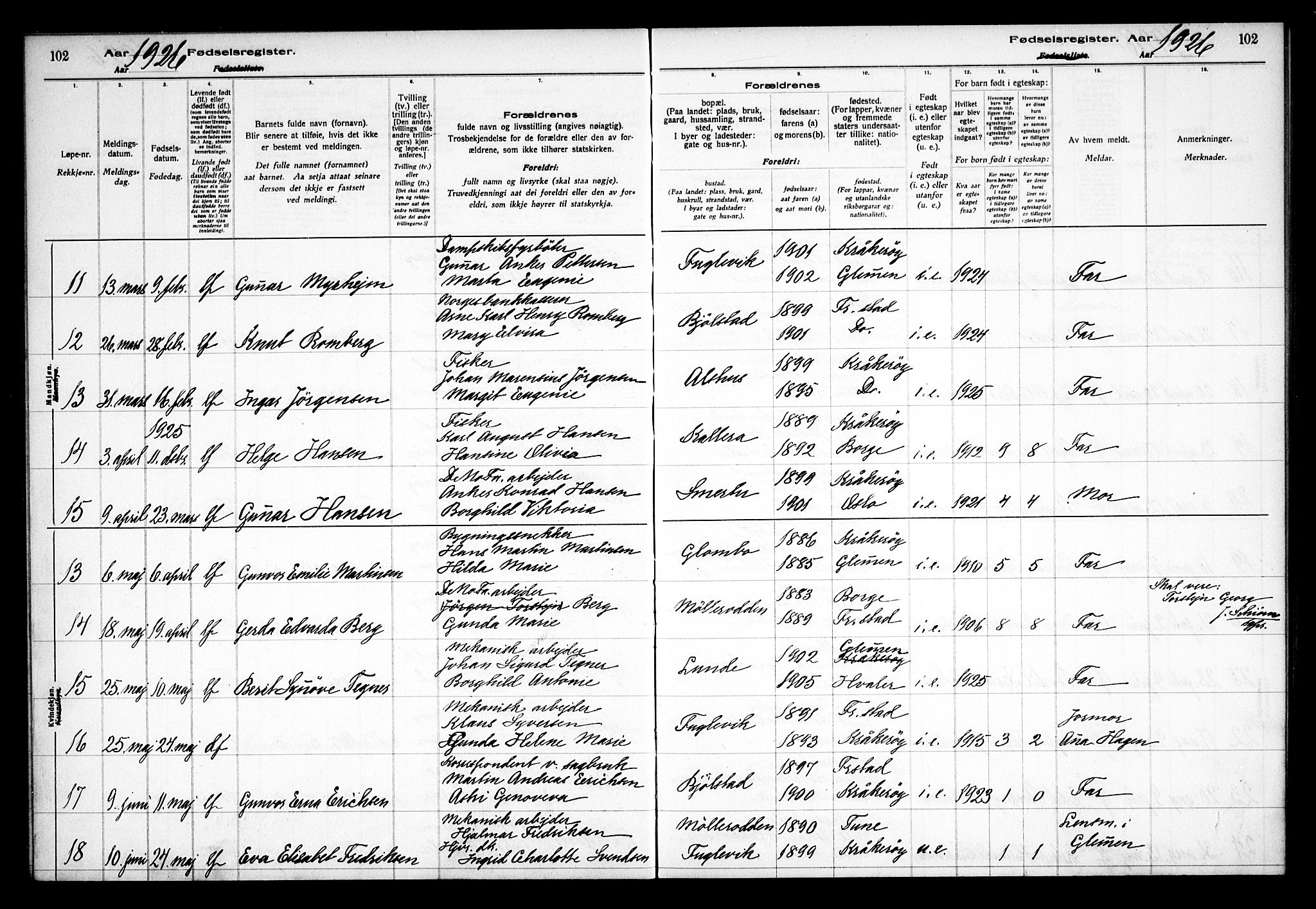 Kråkerøy prestekontor Kirkebøker, AV/SAO-A-10912/J/Ja/L0001: Birth register no. 1, 1916-1938, p. 102