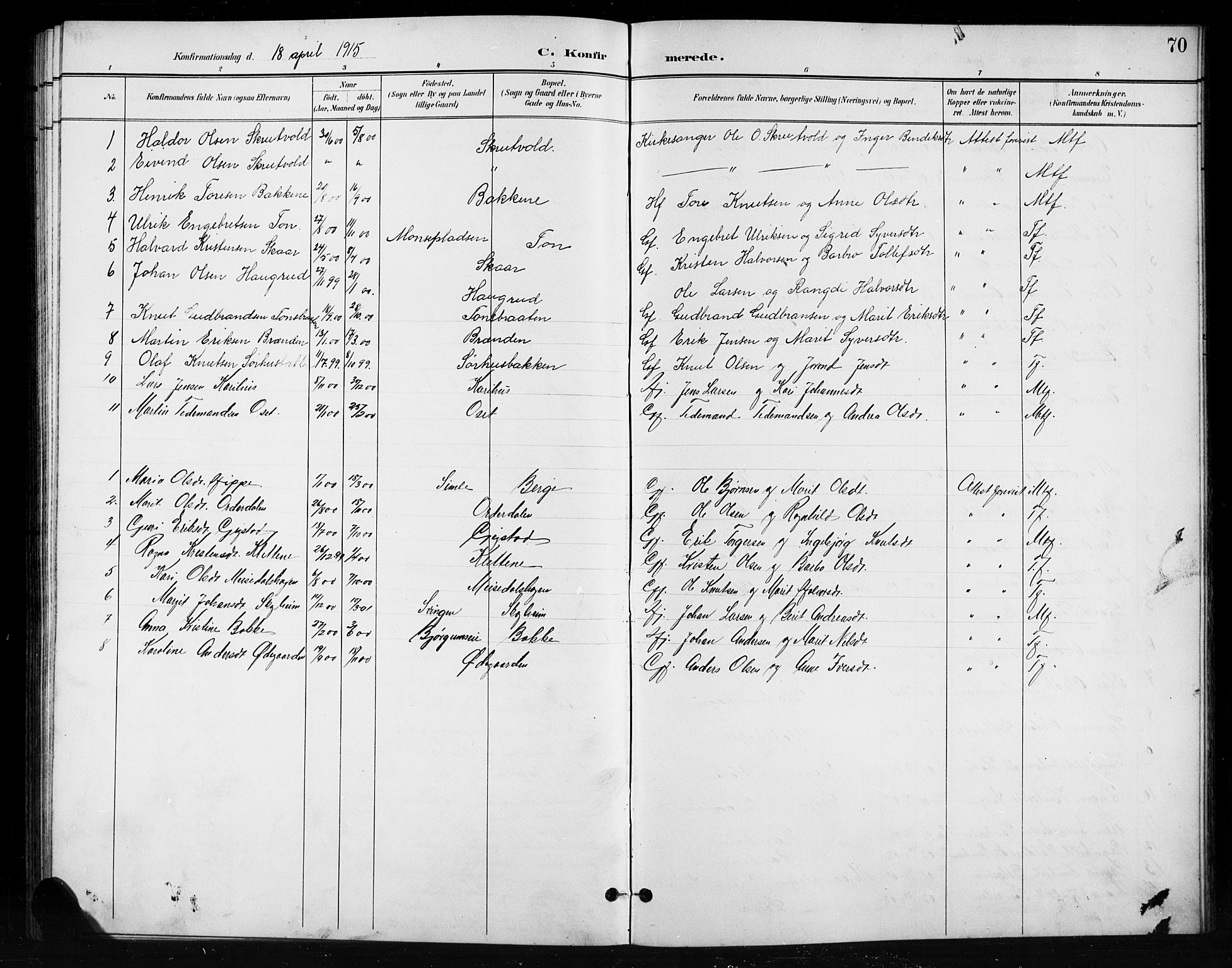 Nord-Aurdal prestekontor, SAH/PREST-132/H/Ha/Hab/L0011: Parish register (copy) no. 11, 1897-1918, p. 70