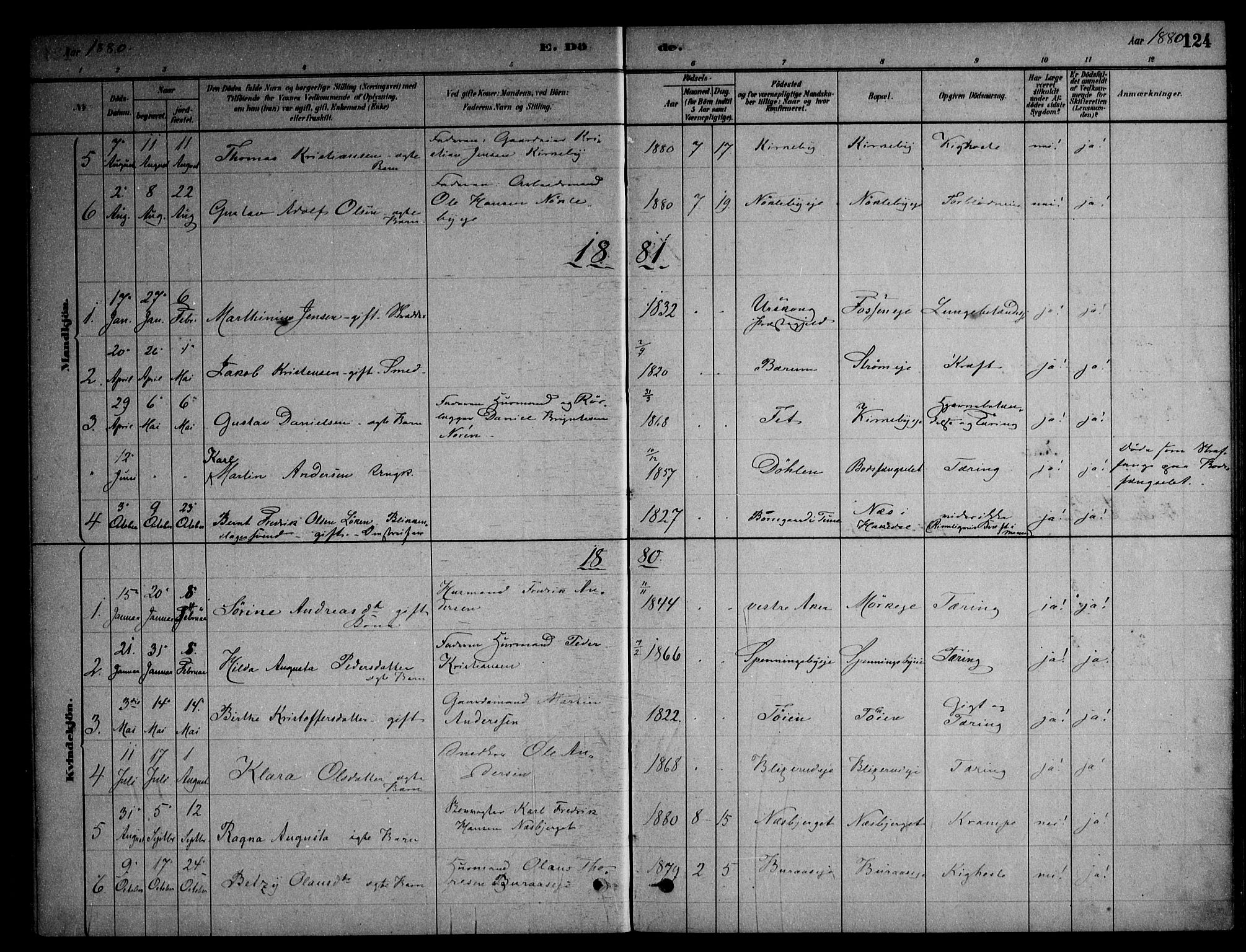 Nittedal prestekontor Kirkebøker, SAO/A-10365a/F/Fb/L0001: Parish register (official) no. II 1, 1879-1901, p. 124