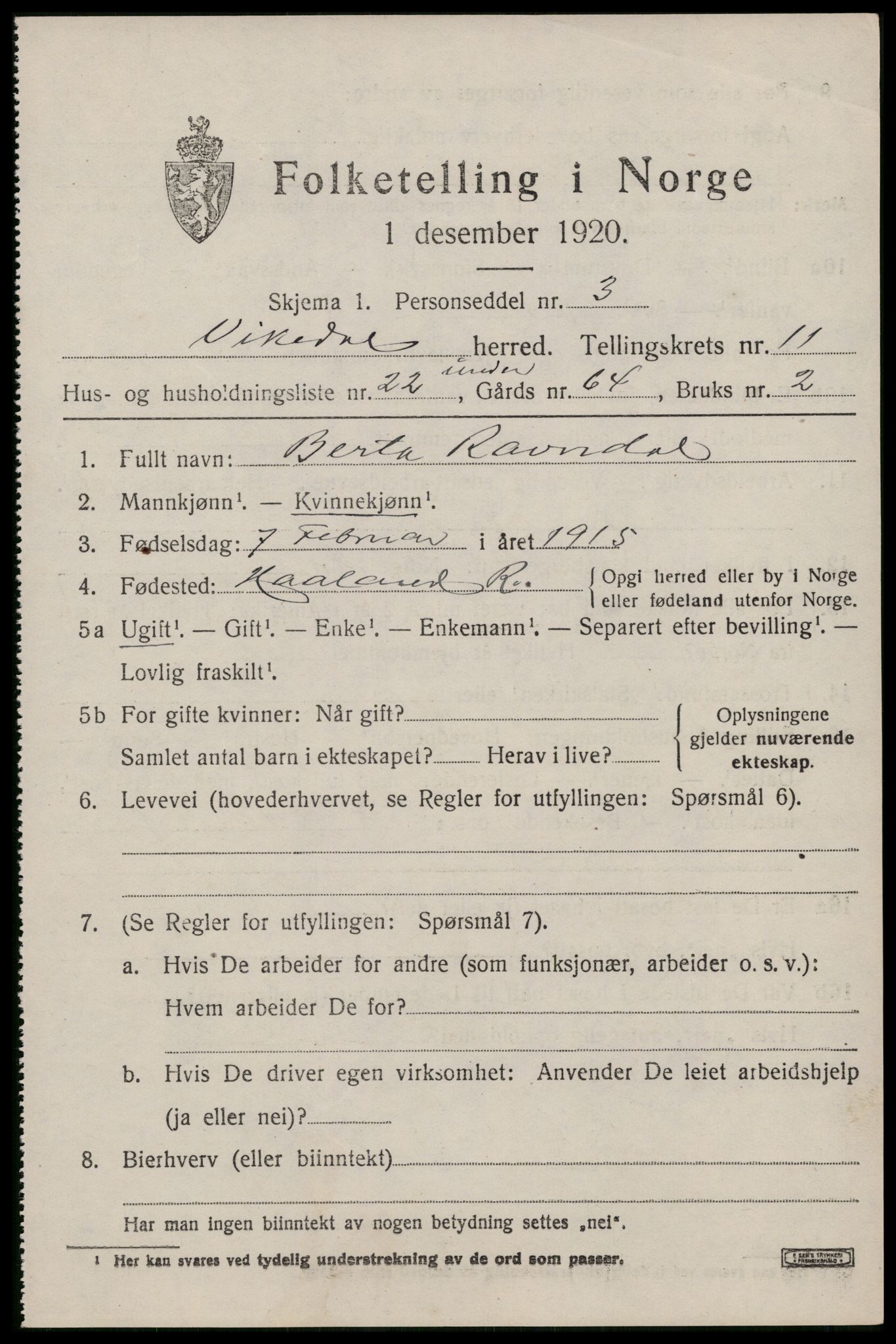 SAST, 1920 census for Vikedal, 1920, p. 3757