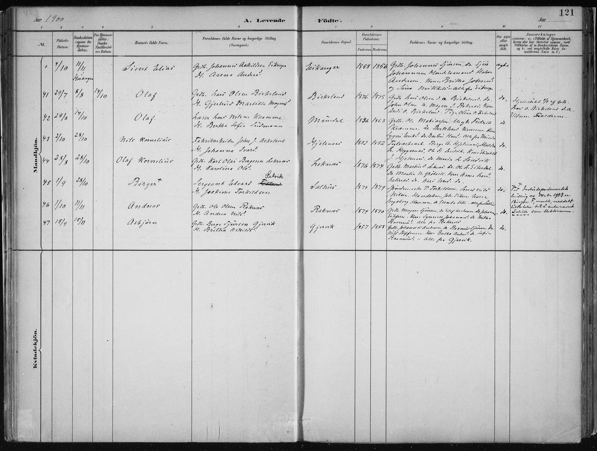 Hamre sokneprestembete, AV/SAB-A-75501/H/Ha/Haa/Haab/L0001: Parish register (official) no. B  1, 1882-1905, p. 121