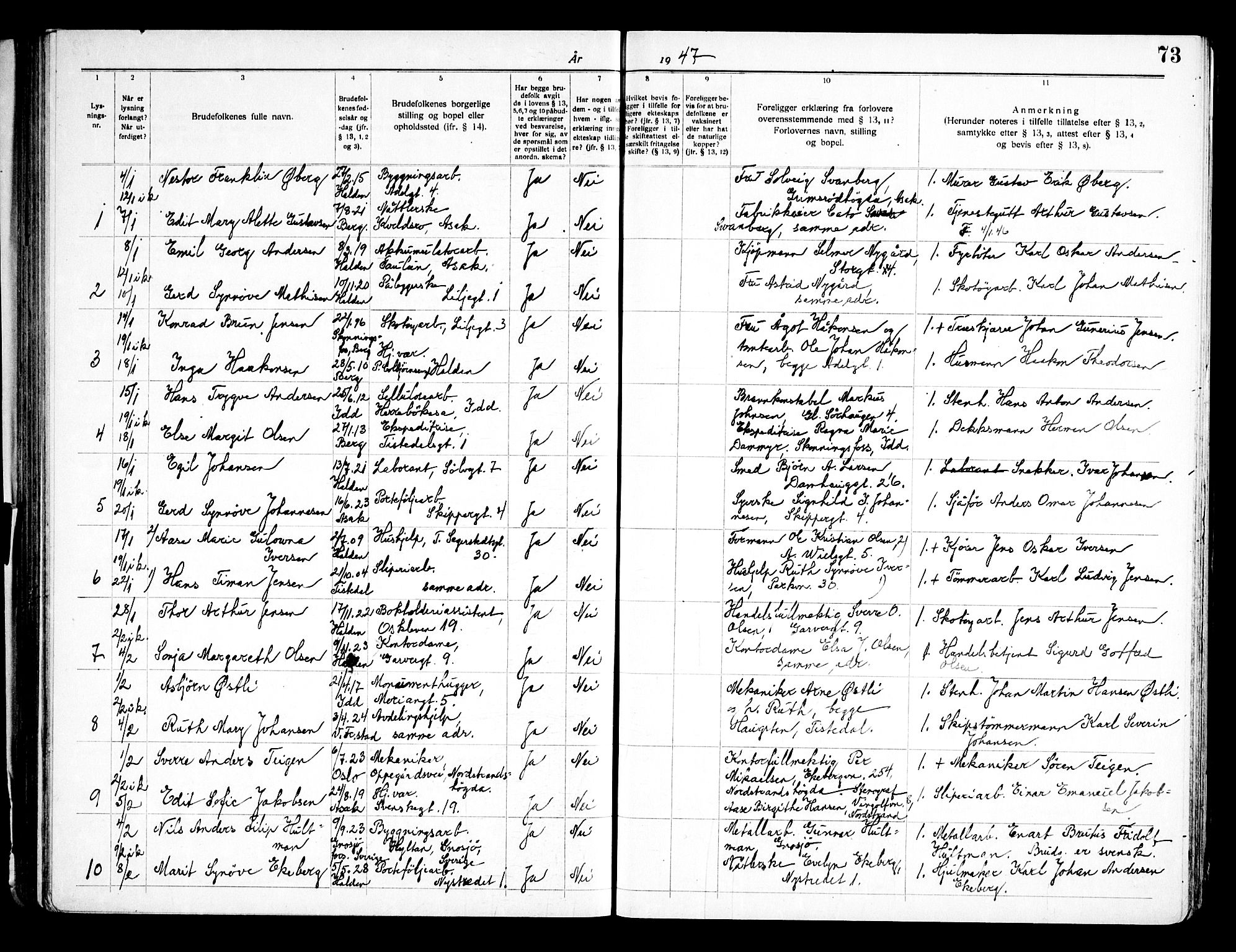 Halden prestekontor Kirkebøker, SAO/A-10909/H/Ha/L0002: Banns register no. I 2, 1935-1949, p. 73