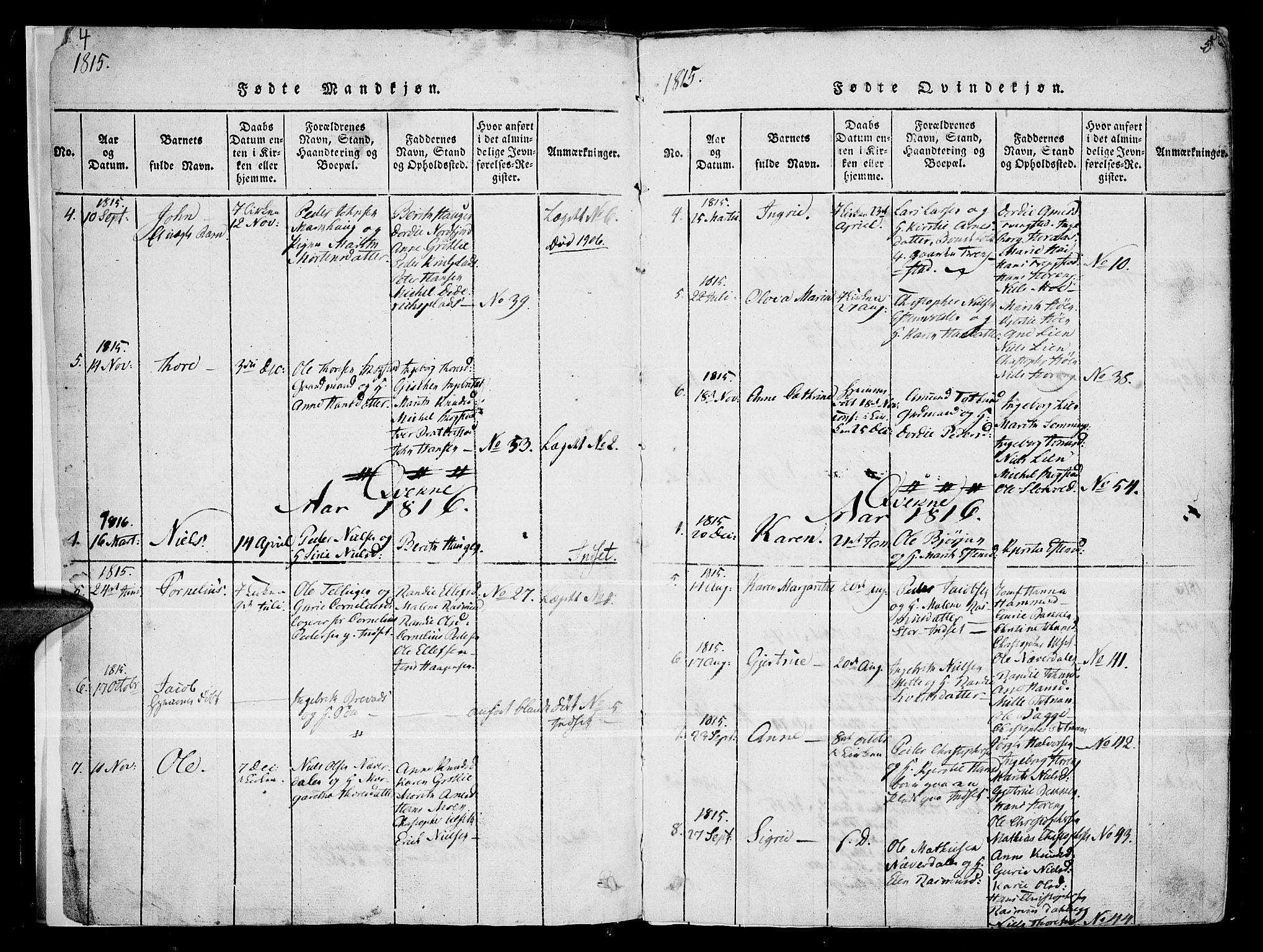 Kvikne prestekontor, SAH/PREST-064/H/Ha/Haa/L0004: Parish register (official) no. 4, 1815-1840, p. 4-5