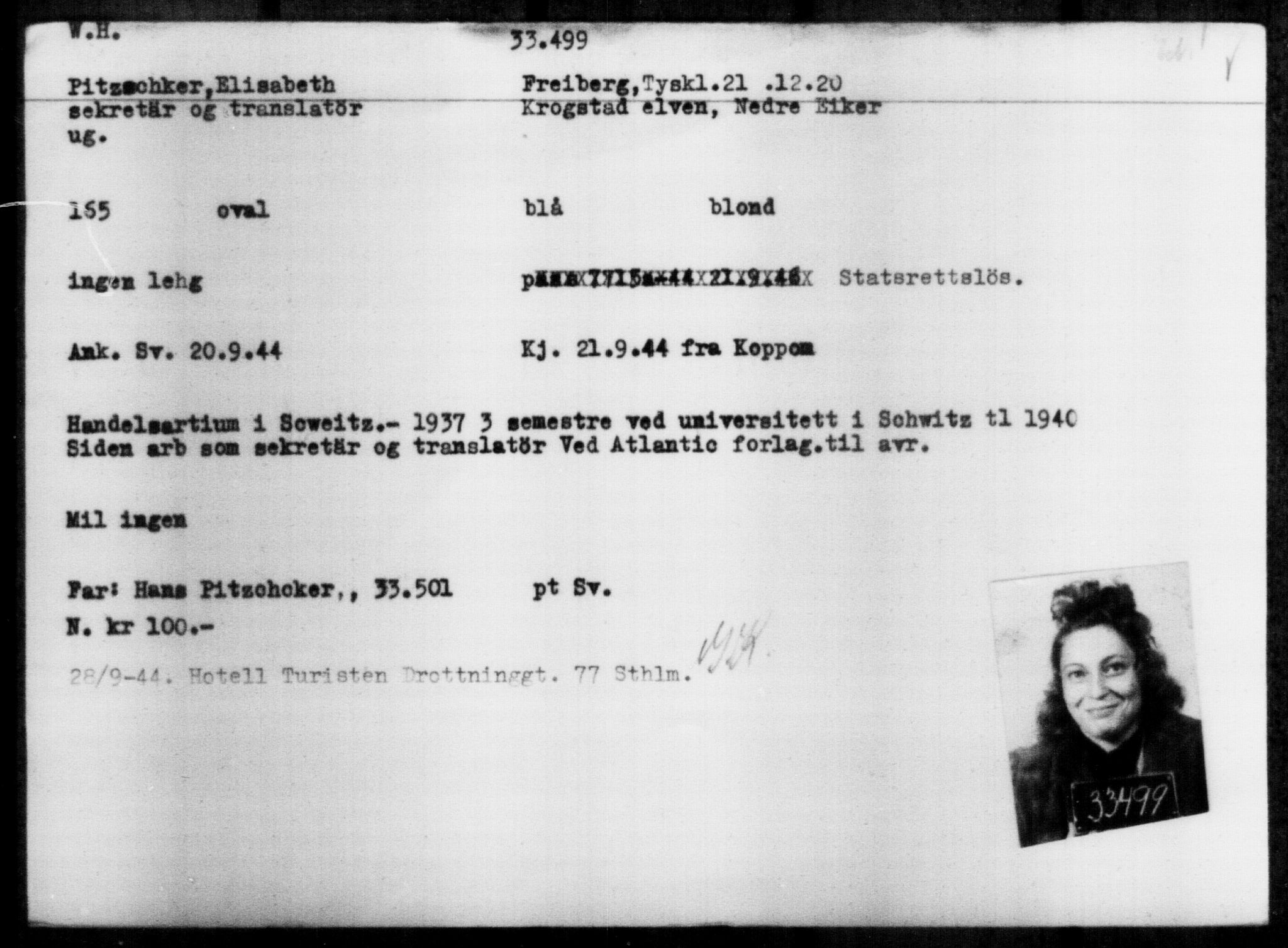 Utenriksstasjonene, Legasjonen i Stockholm, Flyktningkontoret, AV/RA-S-6753/V/Va/L0013: Kjesäterkartoteket, flyktninger med registreringsnr. 31500-34731, 1940-1945, p. 2106