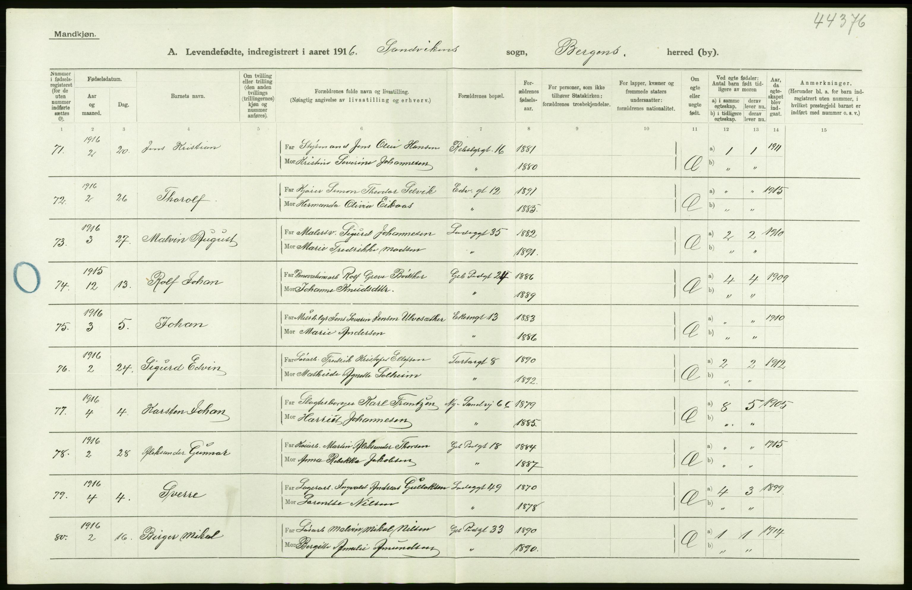 Statistisk sentralbyrå, Sosiodemografiske emner, Befolkning, AV/RA-S-2228/D/Df/Dfb/Dfbf/L0037: Bergen: Levendefødte menn og kvinner., 1916, p. 22