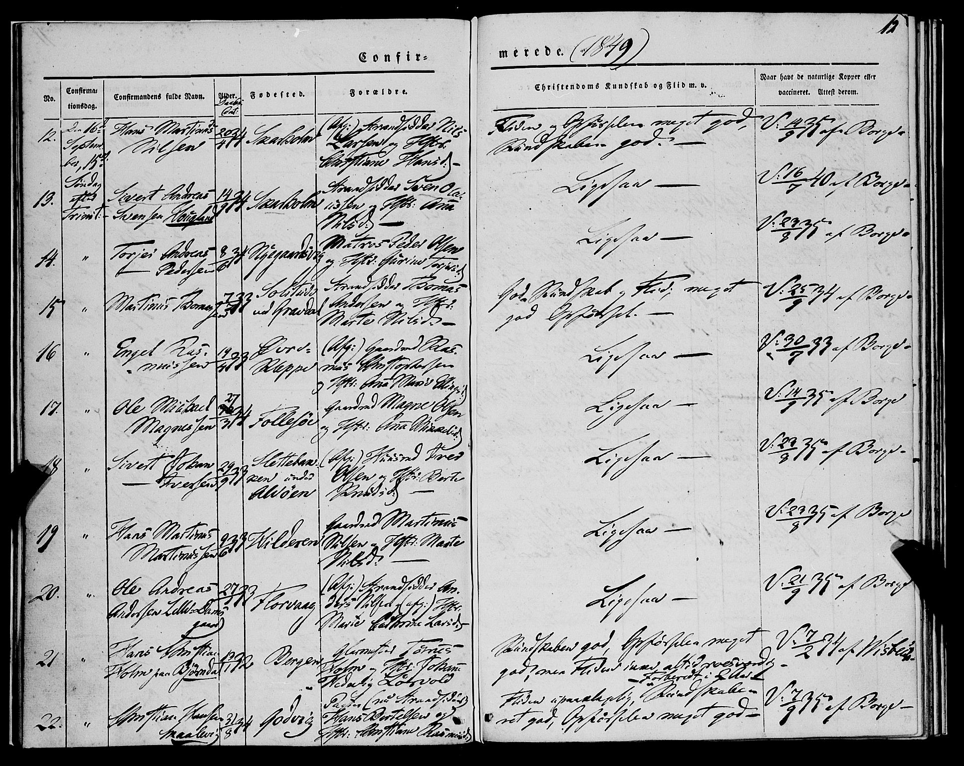 Askøy Sokneprestembete, AV/SAB-A-74101/H/Ha/Haa/Haaa/L0010: Parish register (official) no. A 10, 1845-1854, p. 12