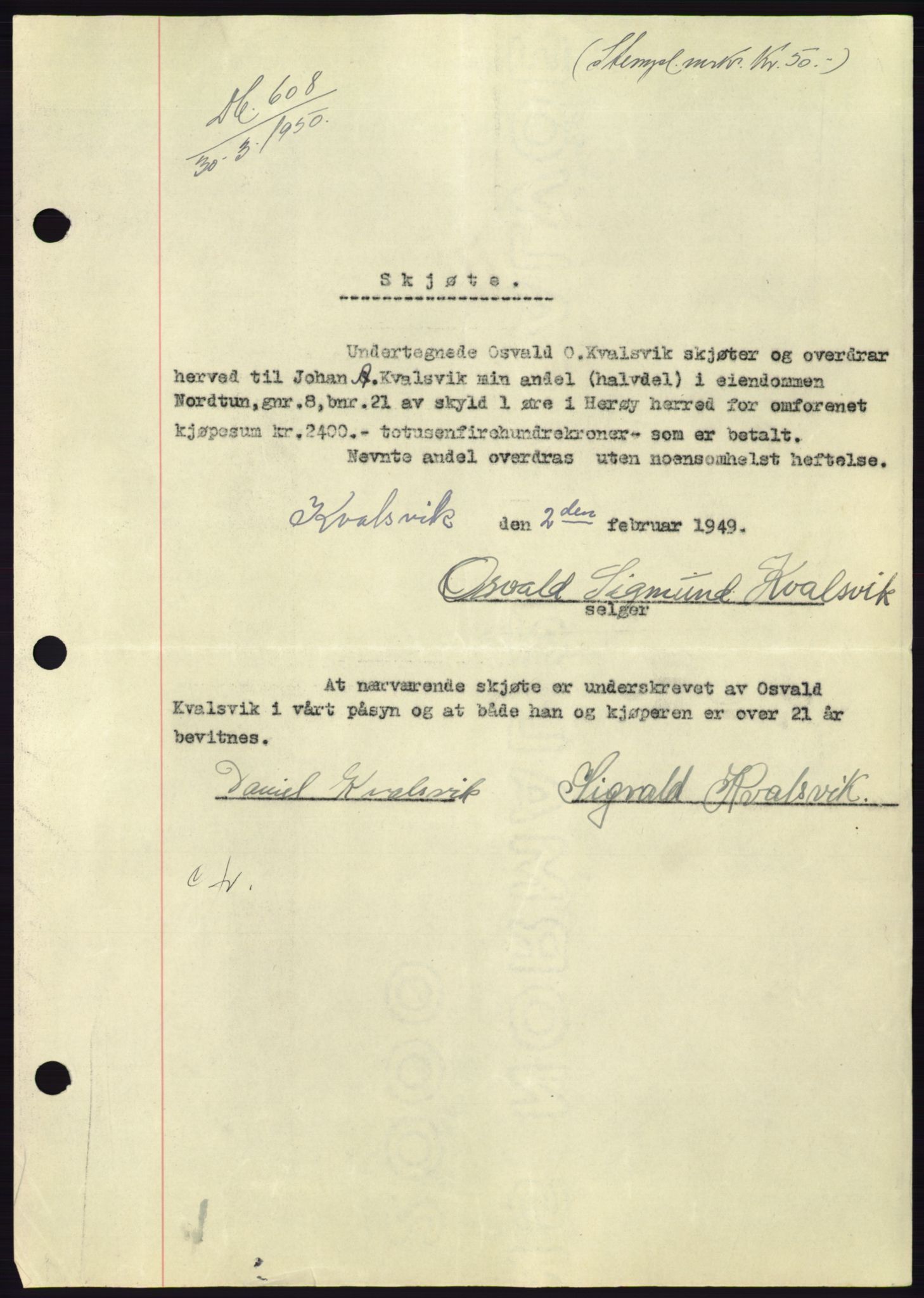 Søre Sunnmøre sorenskriveri, AV/SAT-A-4122/1/2/2C/L0086: Mortgage book no. 12A, 1949-1950, Diary no: : 608/1950