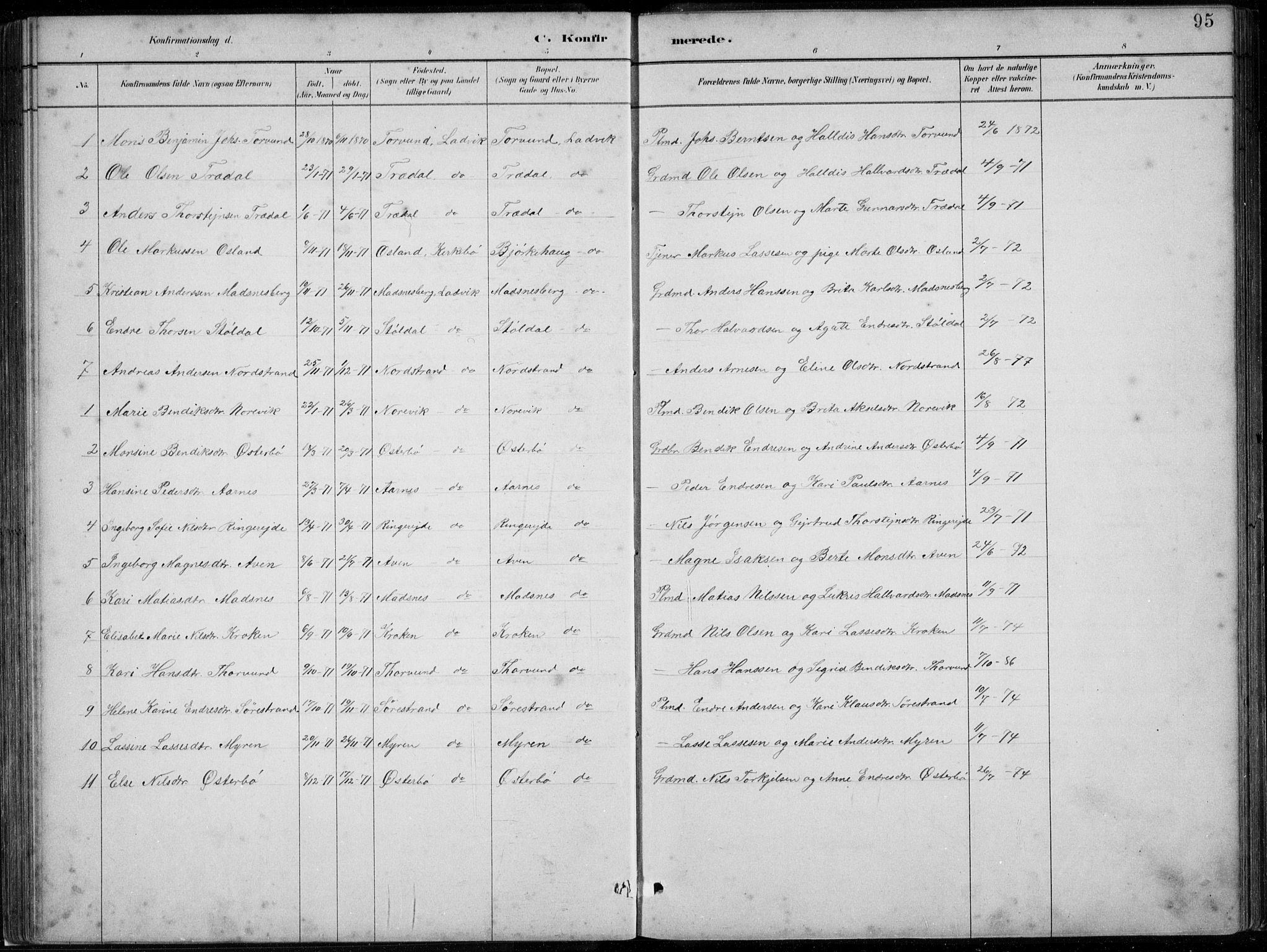 Lavik sokneprestembete, SAB/A-80901: Parish register (copy) no. A 2, 1882-1910, p. 95