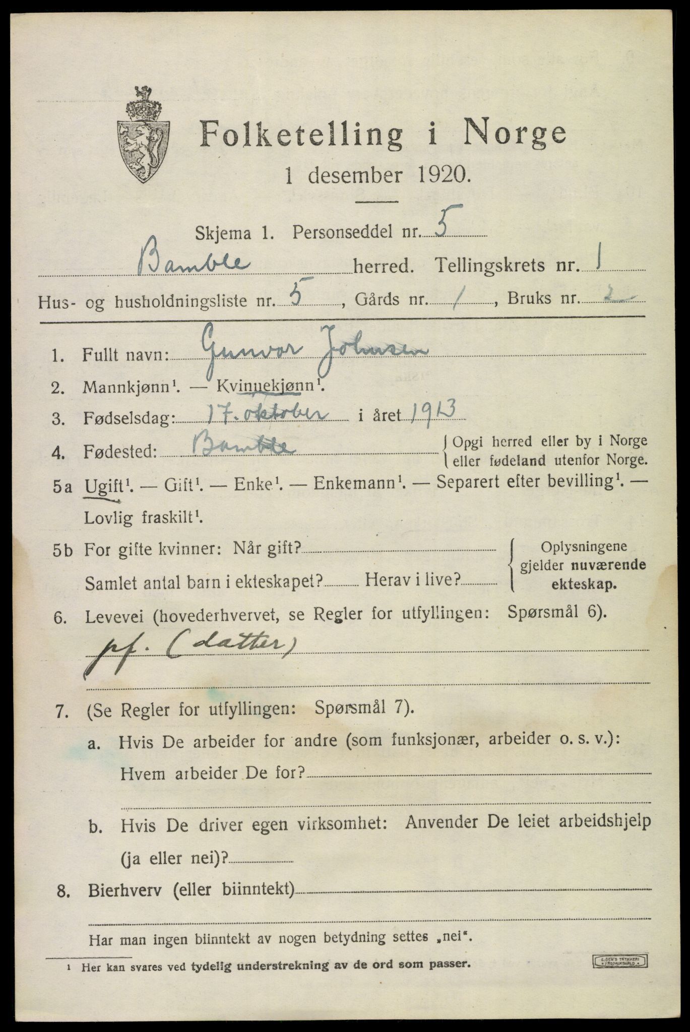 SAKO, 1920 census for Bamble, 1920, p. 2029