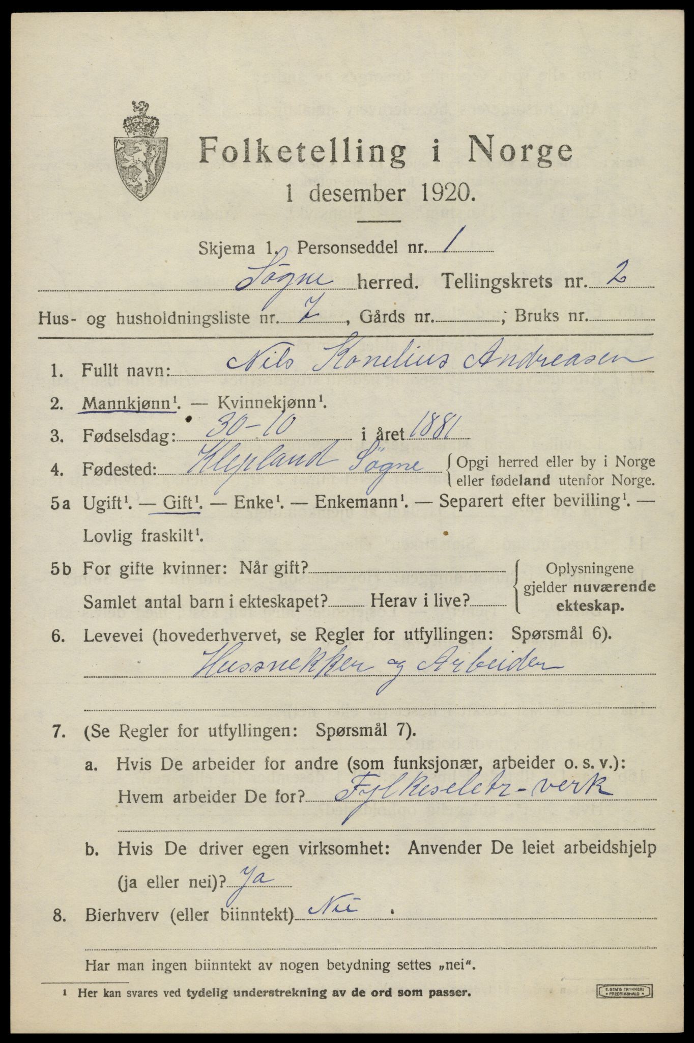 SAK, 1920 census for Søgne, 1920, p. 1513