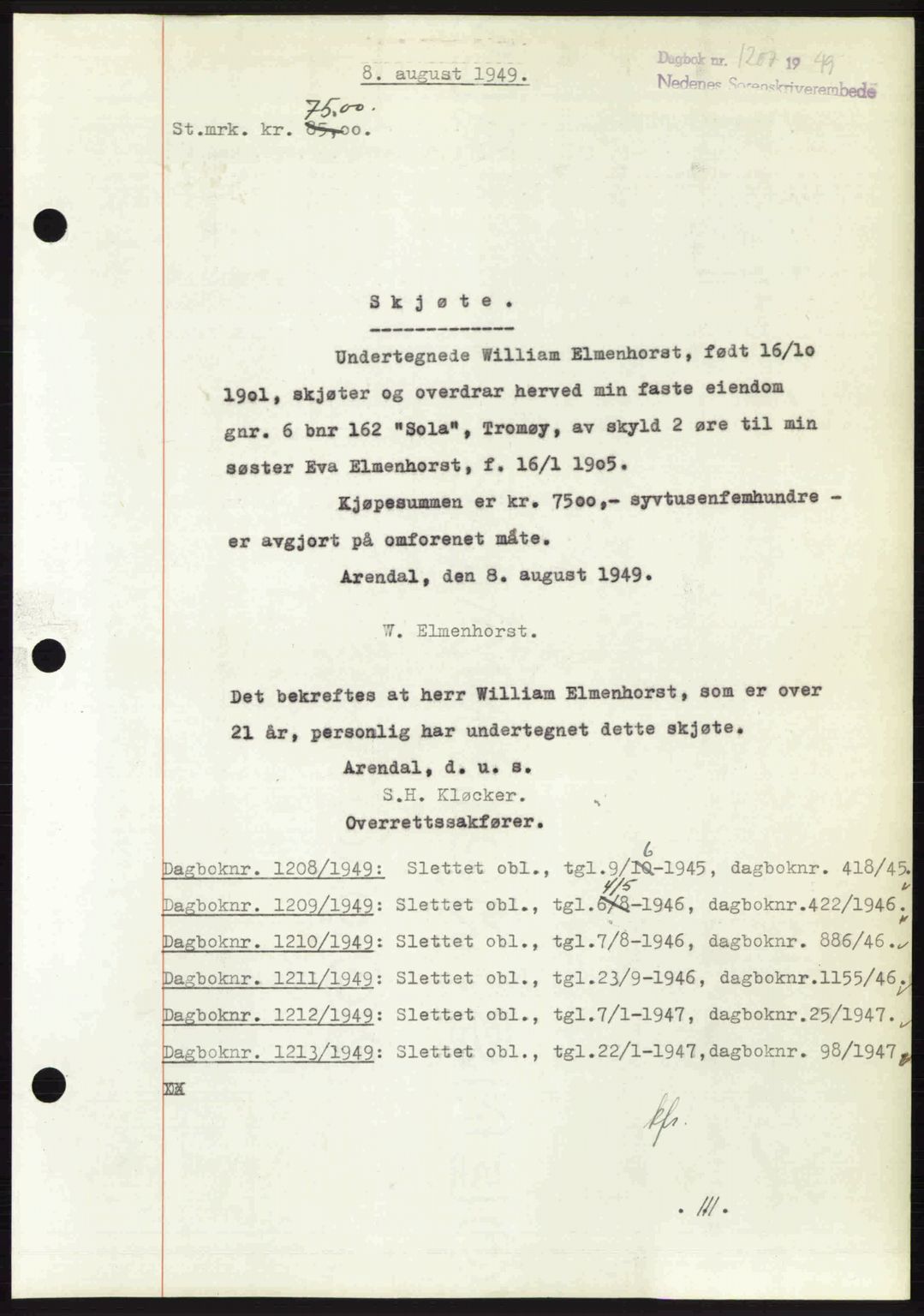 Nedenes sorenskriveri, SAK/1221-0006/G/Gb/Gba/L0061: Mortgage book no. A13, 1949-1949, Diary no: : 1207/1949
