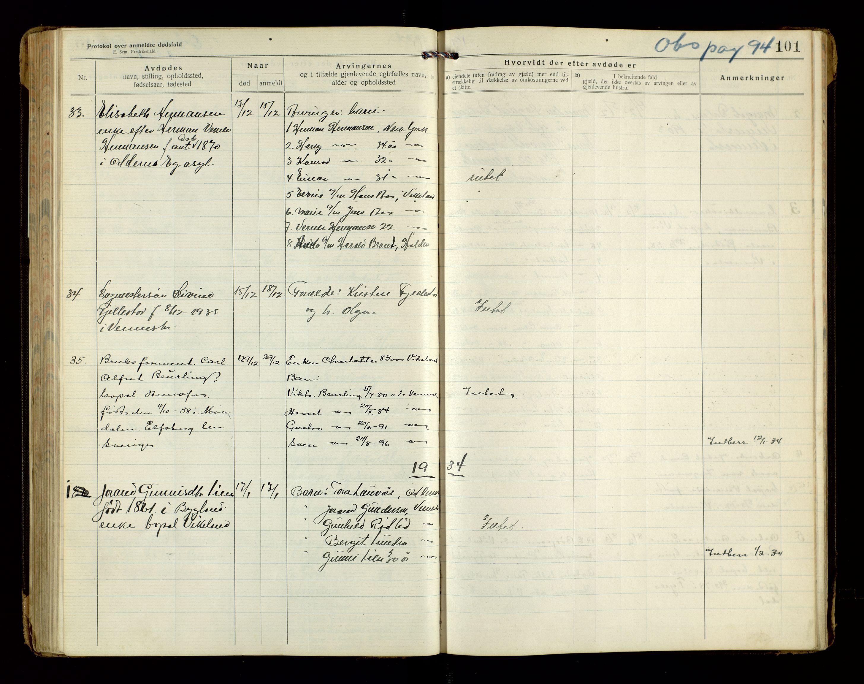 Vennesla og Iveland lensmannskontor, AV/SAK-1241-0050/F/Fe/L0001: Dødsfallsprotokoll nr 7, 1920-1940, p. 101