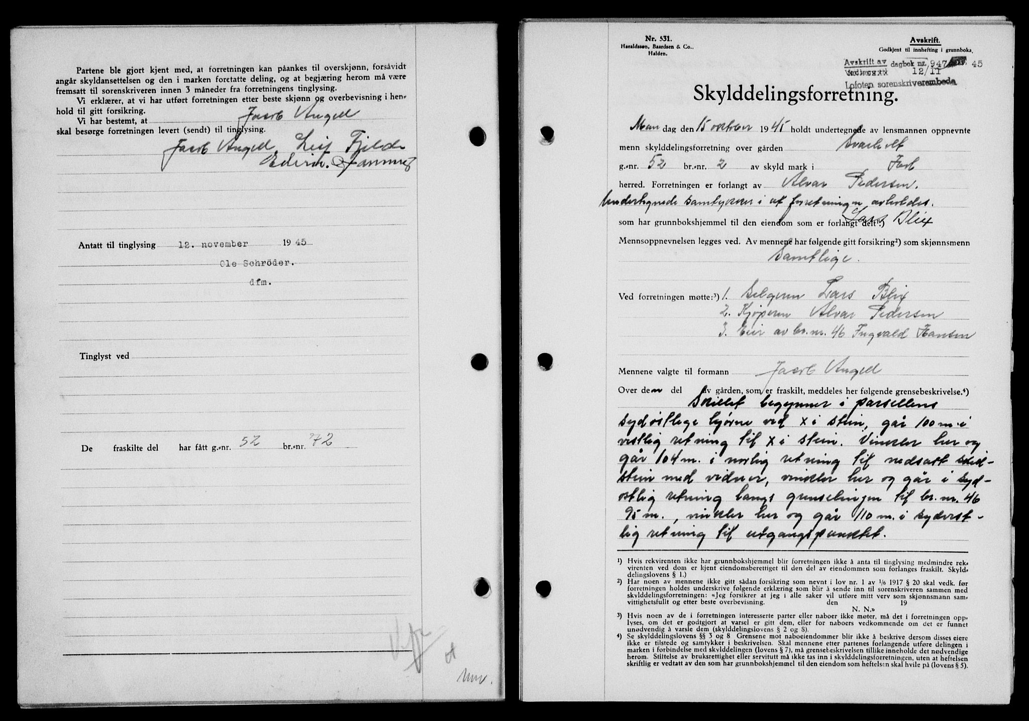 Lofoten sorenskriveri, SAT/A-0017/1/2/2C/L0013a: Mortgage book no. 13a, 1944-1946, Diary no: : 947/1945