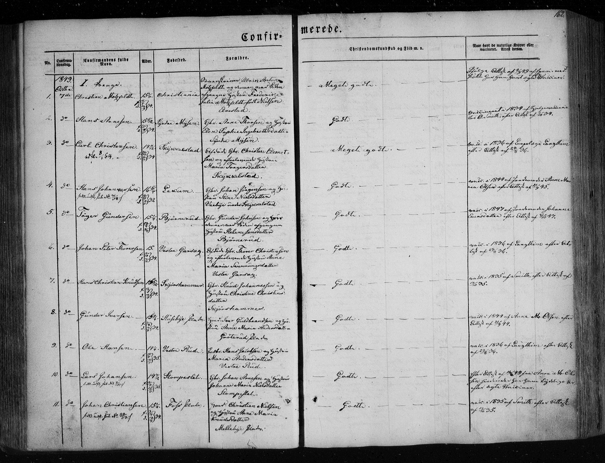 Eidsberg prestekontor Kirkebøker, SAO/A-10905/F/Fa/L0009: Parish register (official) no. I 9, 1849-1856, p. 162