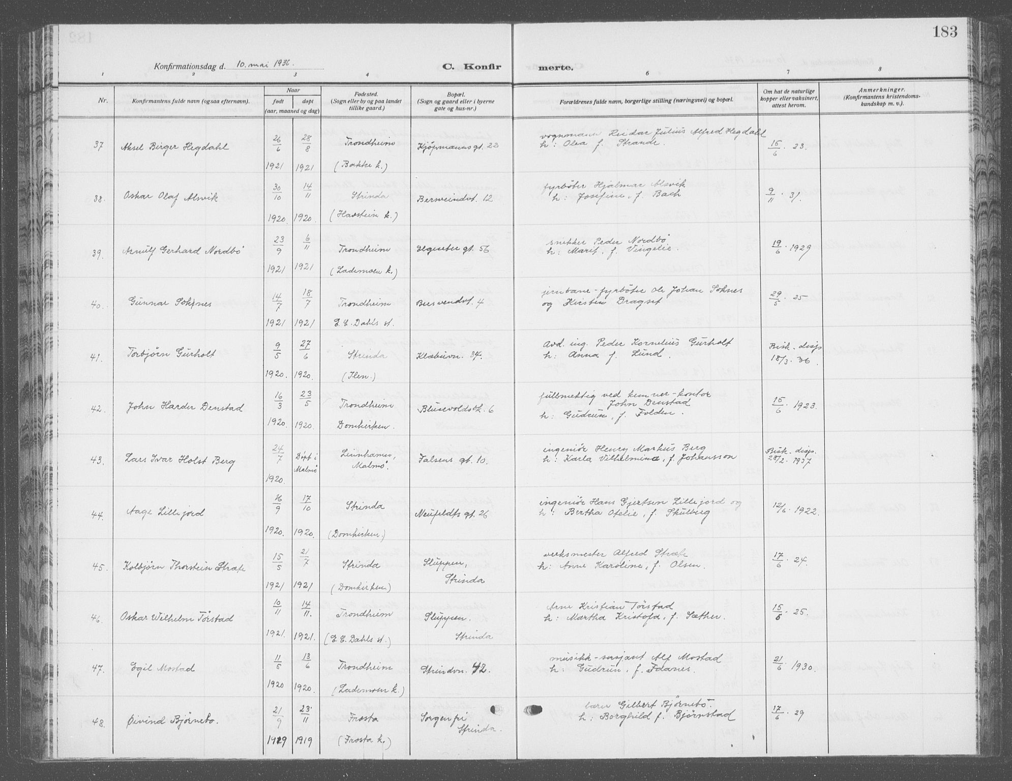 Ministerialprotokoller, klokkerbøker og fødselsregistre - Sør-Trøndelag, SAT/A-1456/601/L0099: Parish register (copy) no. 601C17, 1928-1941, p. 183