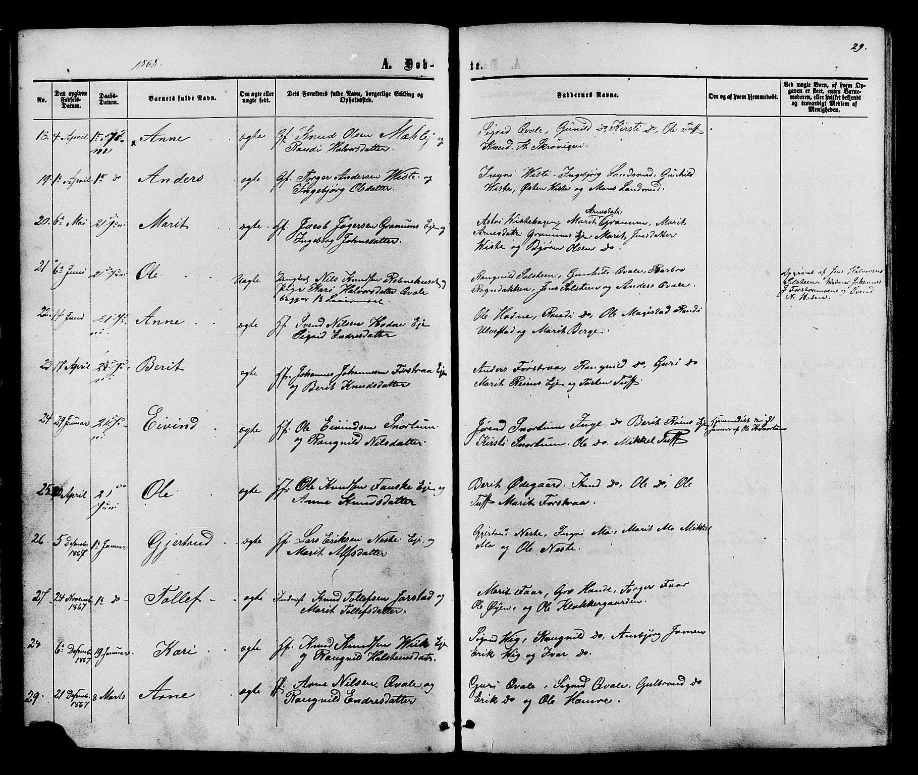 Vestre Slidre prestekontor, SAH/PREST-136/H/Ha/Haa/L0003: Parish register (official) no. 3, 1865-1880, p. 29
