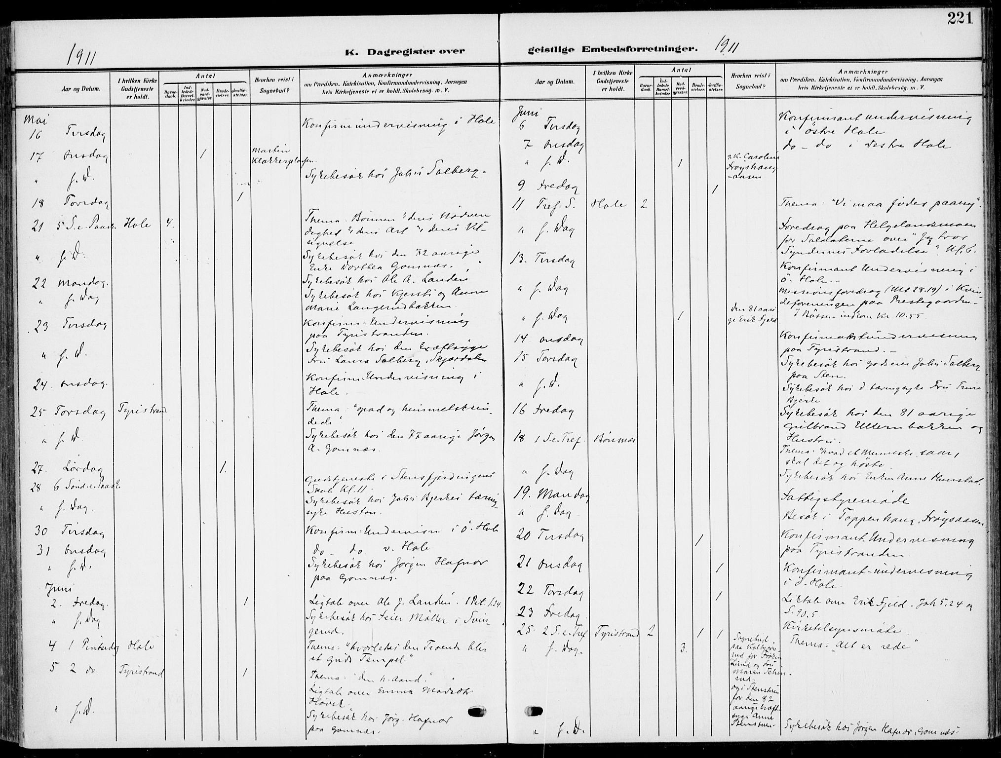 Hole kirkebøker, AV/SAKO-A-228/F/Fa/L0010: Parish register (official) no. I 10, 1907-1917, p. 221