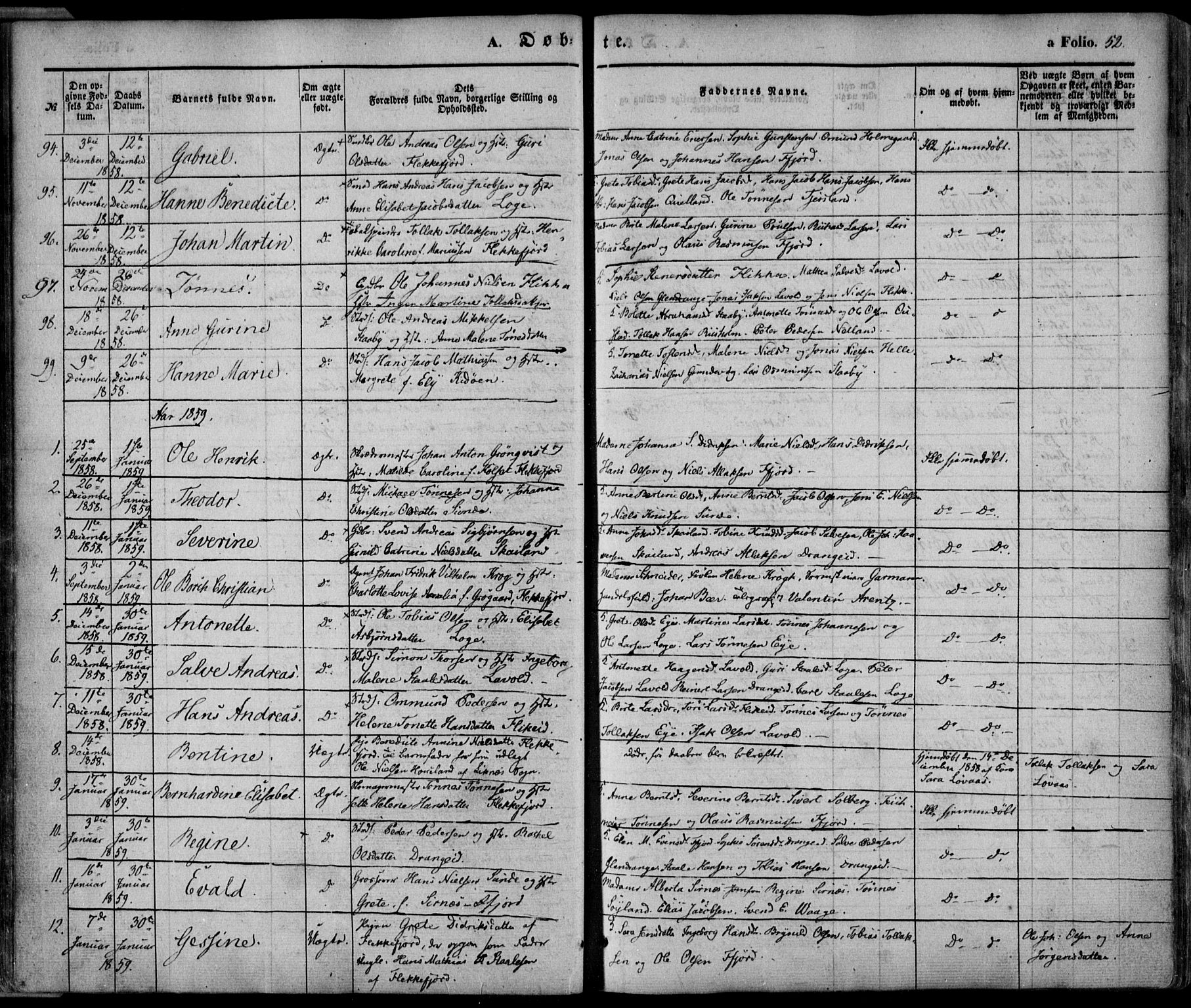 Flekkefjord sokneprestkontor, AV/SAK-1111-0012/F/Fa/Fac/L0005: Parish register (official) no. A 5, 1849-1875, p. 52