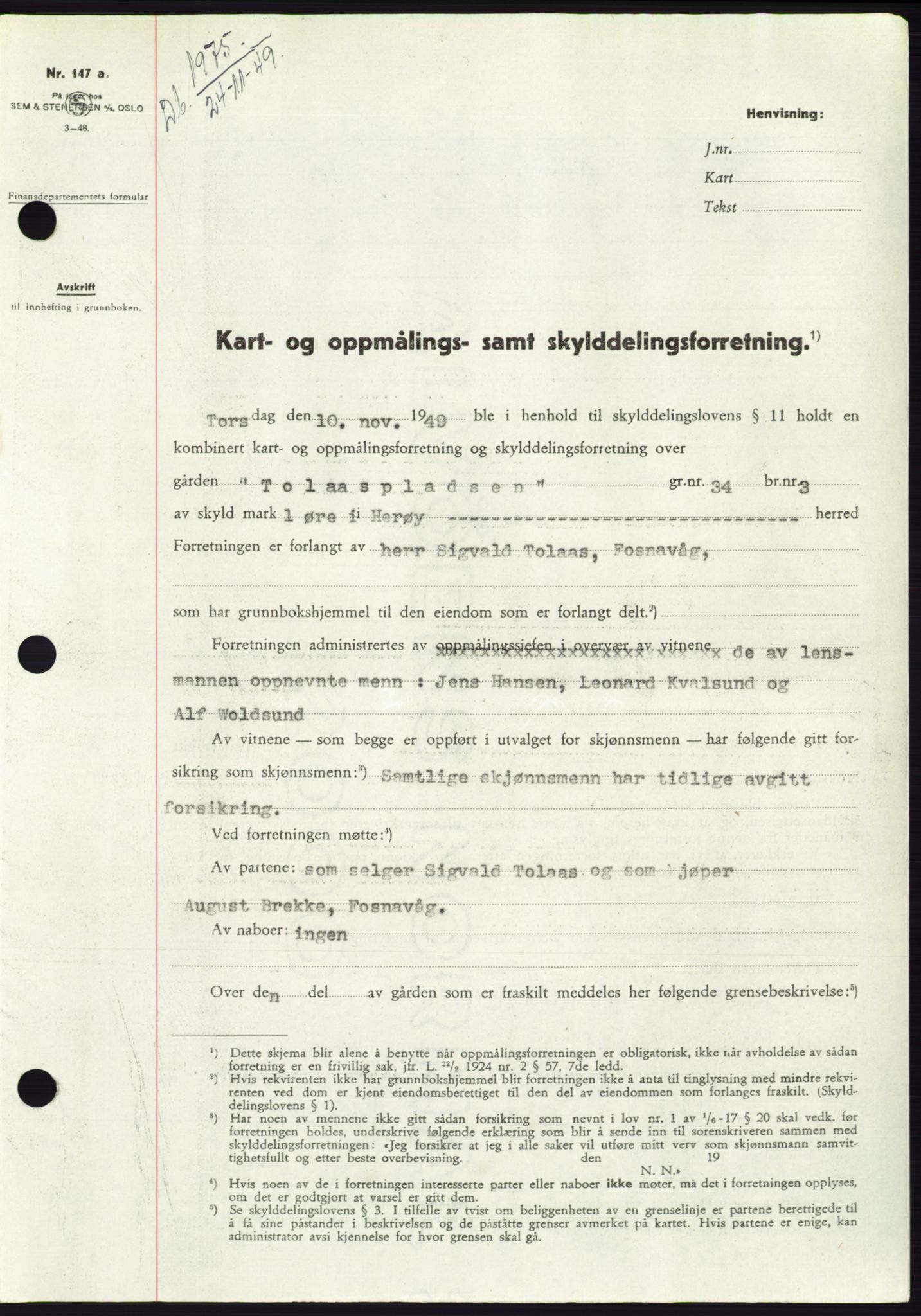 Søre Sunnmøre sorenskriveri, AV/SAT-A-4122/1/2/2C/L0085: Mortgage book no. 11A, 1949-1949, Diary no: : 1975/1949