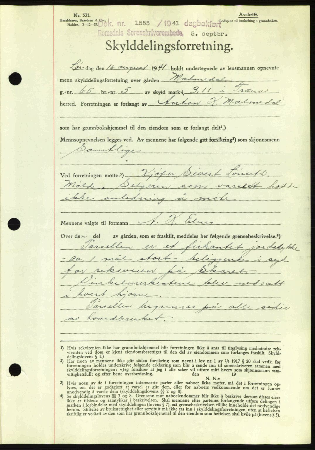 Romsdal sorenskriveri, AV/SAT-A-4149/1/2/2C: Mortgage book no. A10, 1941-1941, Diary no: : 1555/1941