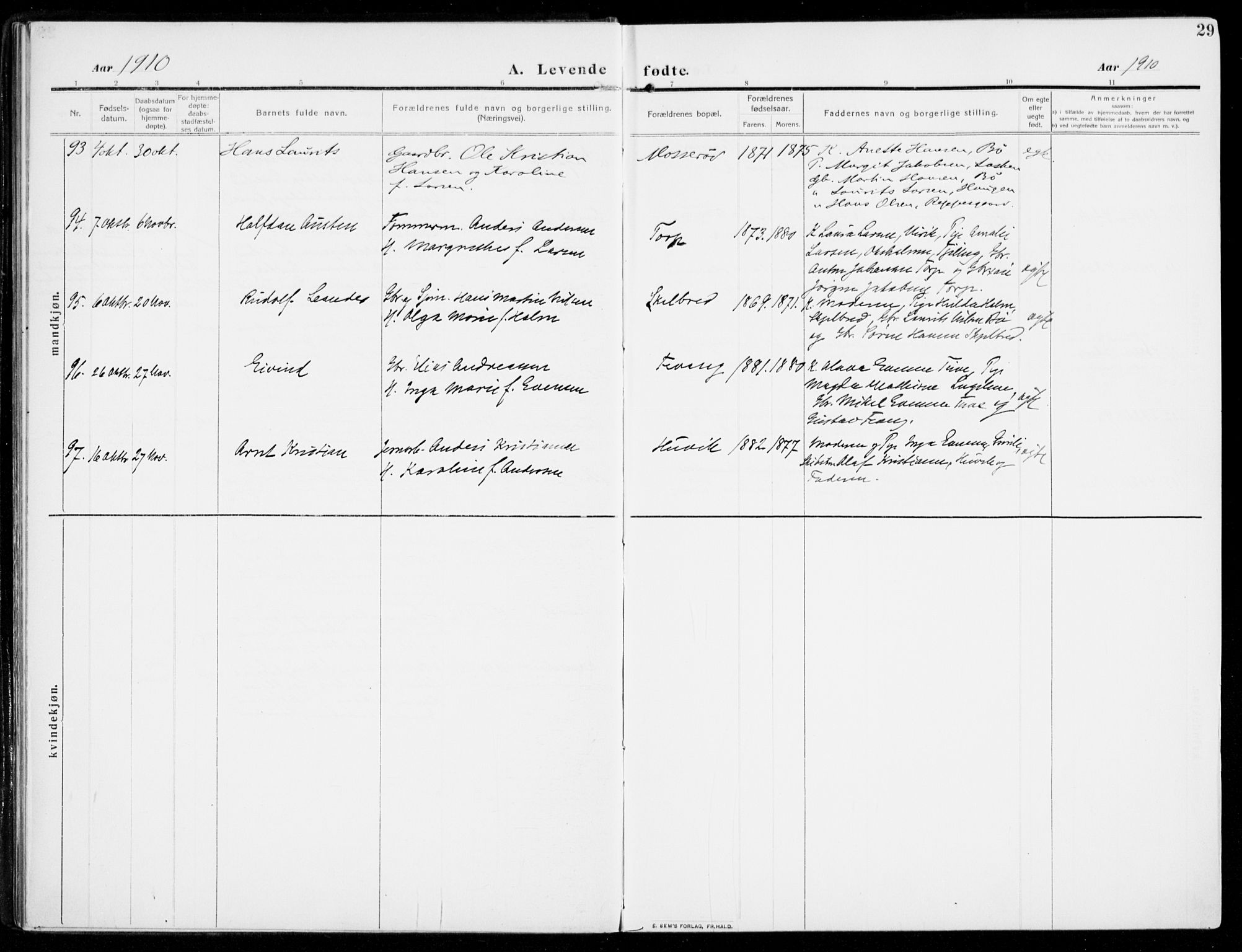 Sandar kirkebøker, AV/SAKO-A-243/F/Fa/L0016: Parish register (official) no. 16, 1909-1919, p. 29