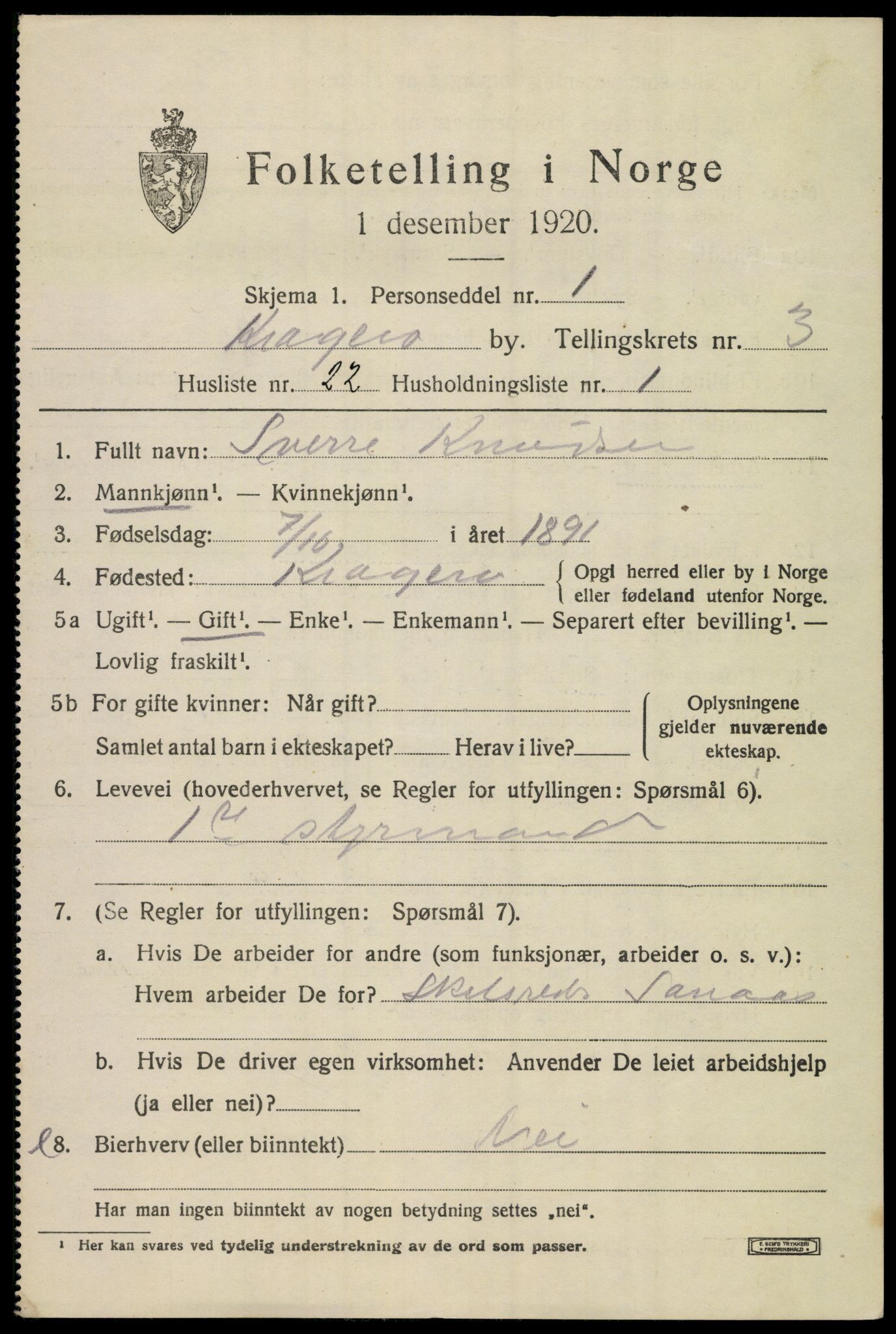 SAKO, 1920 census for Kragerø, 1920, p. 7301