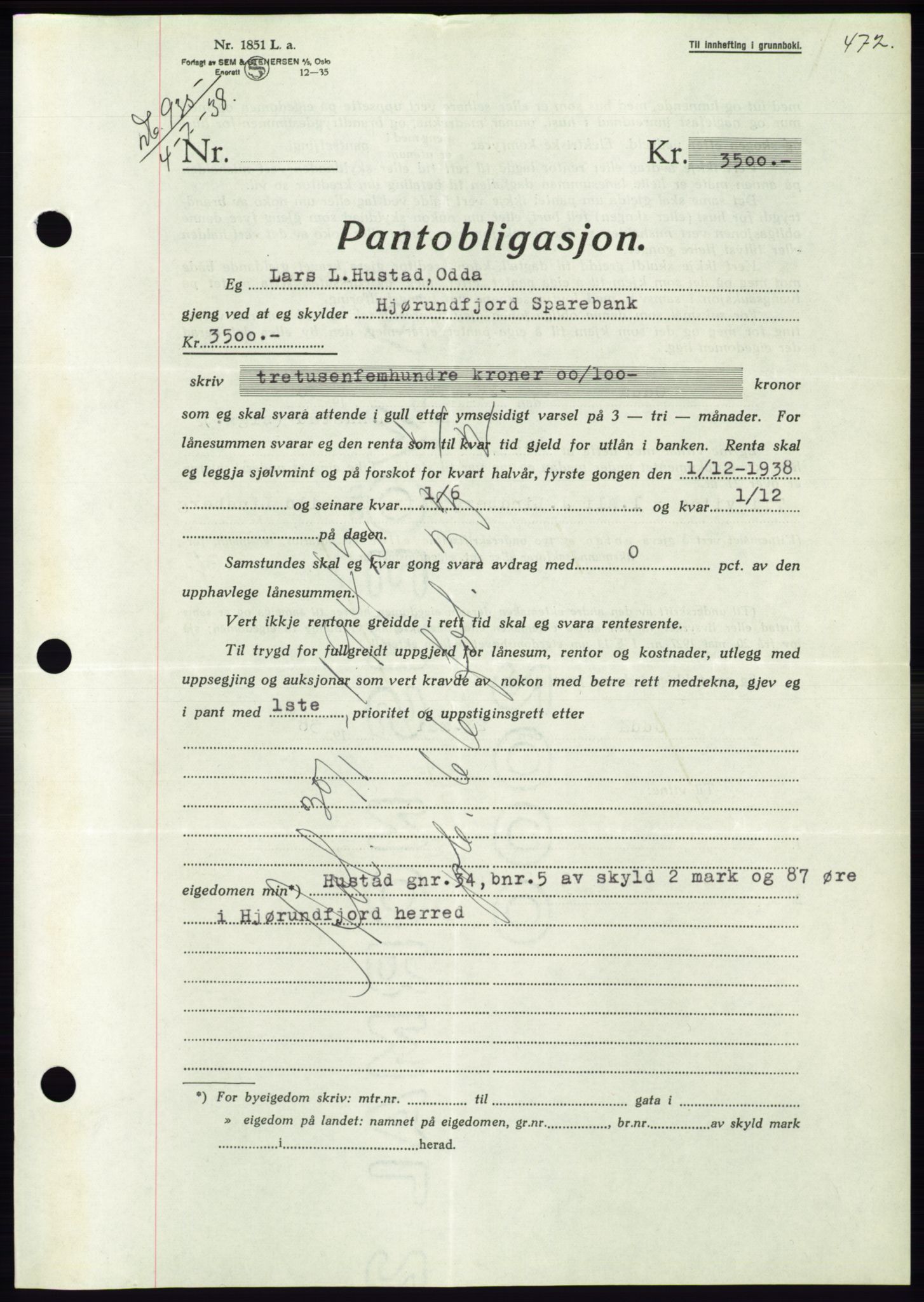 Søre Sunnmøre sorenskriveri, AV/SAT-A-4122/1/2/2C/L0065: Mortgage book no. 59, 1938-1938, Diary no: : 935/1938