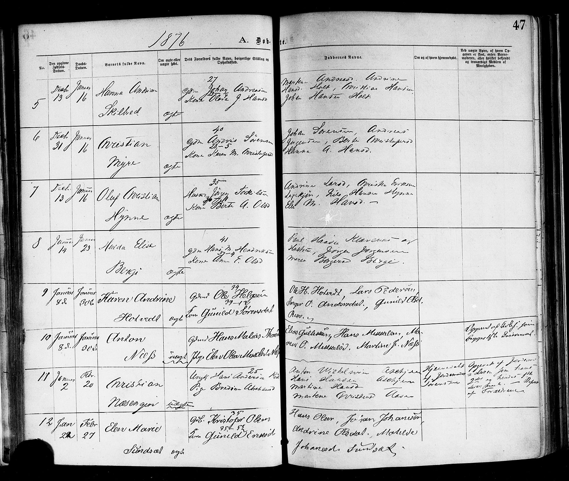 Andebu kirkebøker, SAKO/A-336/F/Fa/L0006: Parish register (official) no. 6, 1871-1878, p. 47
