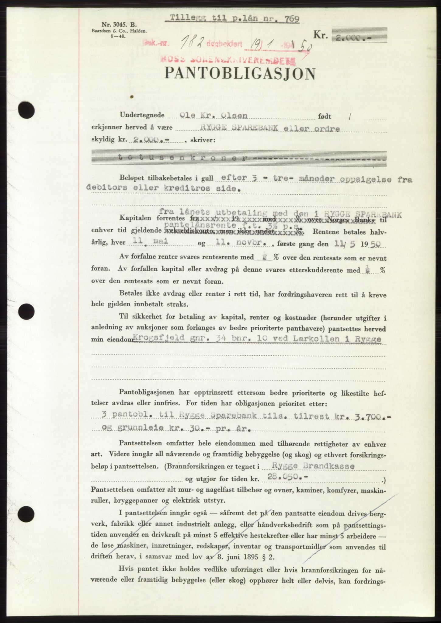 Moss sorenskriveri, SAO/A-10168: Mortgage book no. B23, 1949-1950, Diary no: : 182/1950