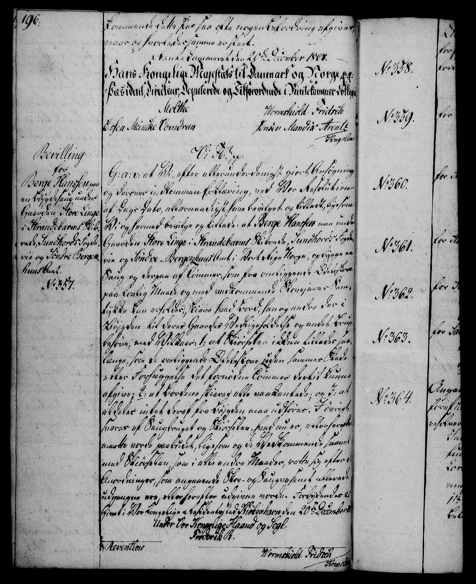 Rentekammeret, Kammerkanselliet, AV/RA-EA-3111/G/Gg/Gga/L0019: Norsk ekspedisjonsprotokoll med register (merket RK 53.19), 1807-1810, p. 196