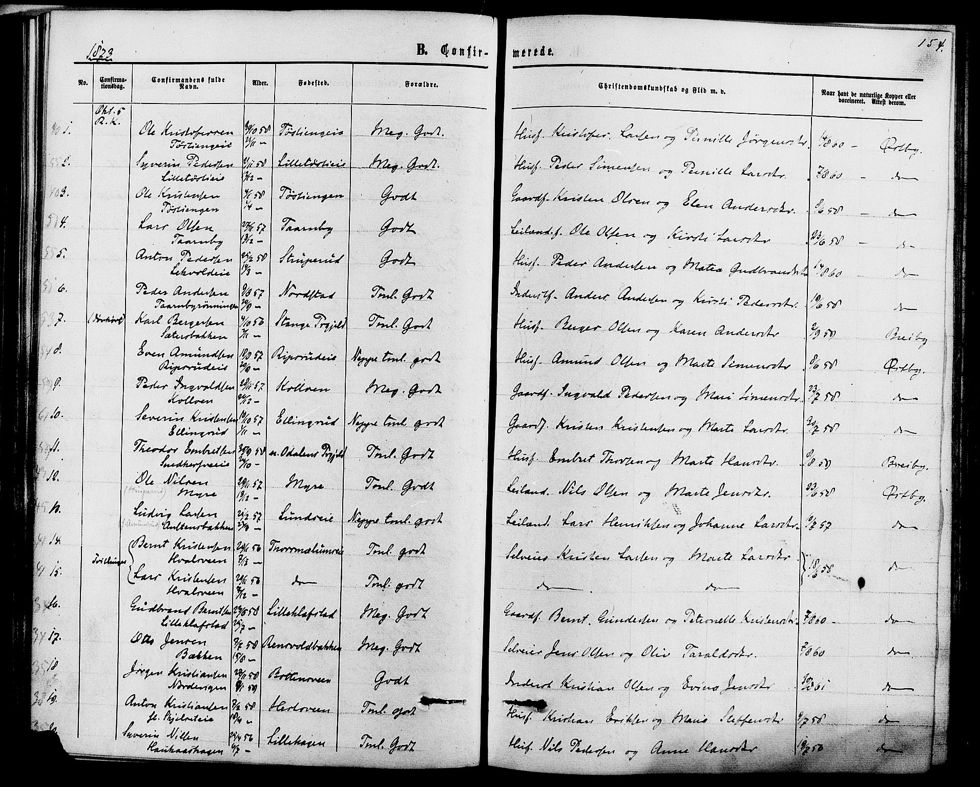 Romedal prestekontor, AV/SAH-PREST-004/K/L0006: Parish register (official) no. 6, 1866-1886, p. 154