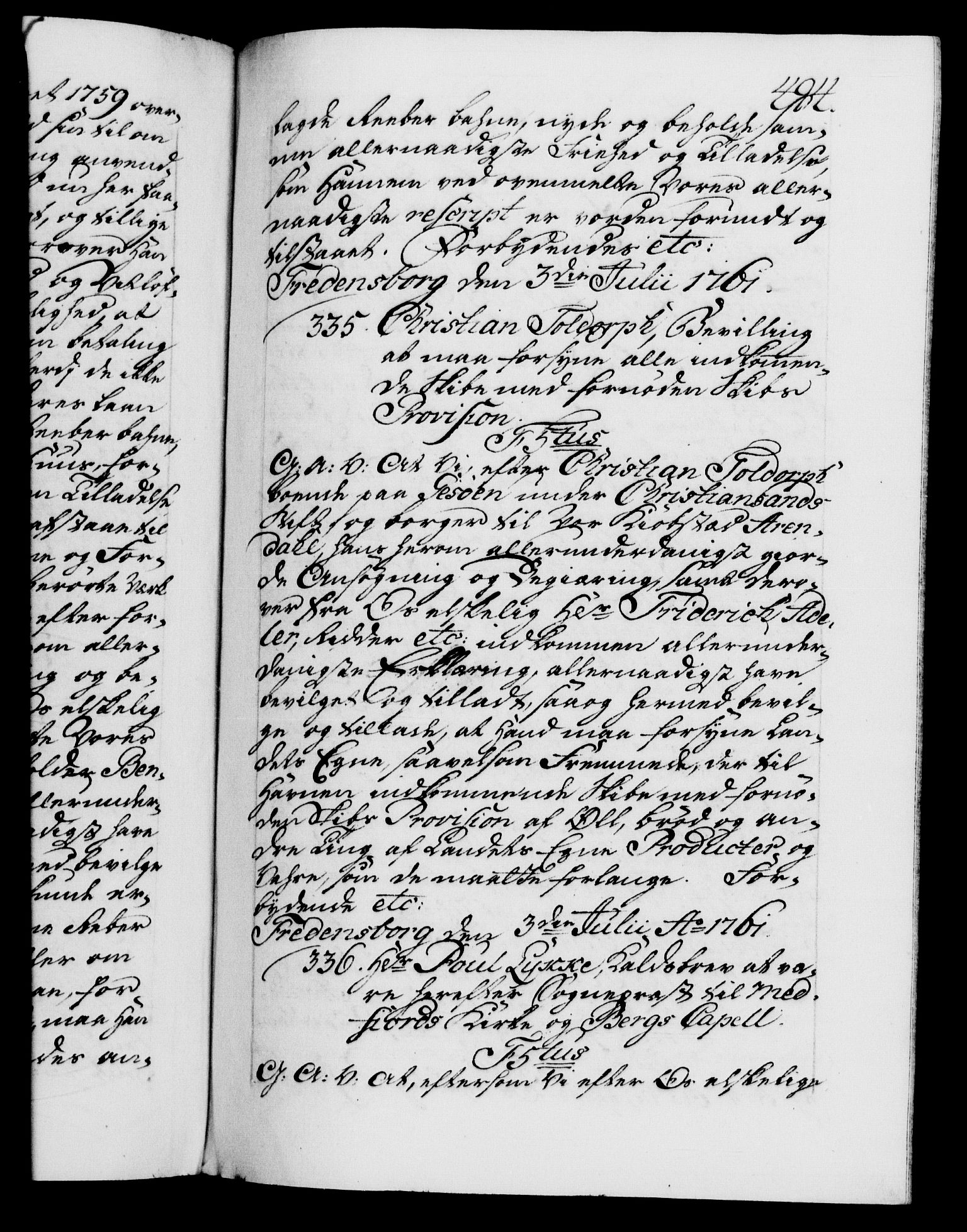 Danske Kanselli 1572-1799, AV/RA-EA-3023/F/Fc/Fca/Fcaa/L0041: Norske registre, 1760-1762, p. 494a