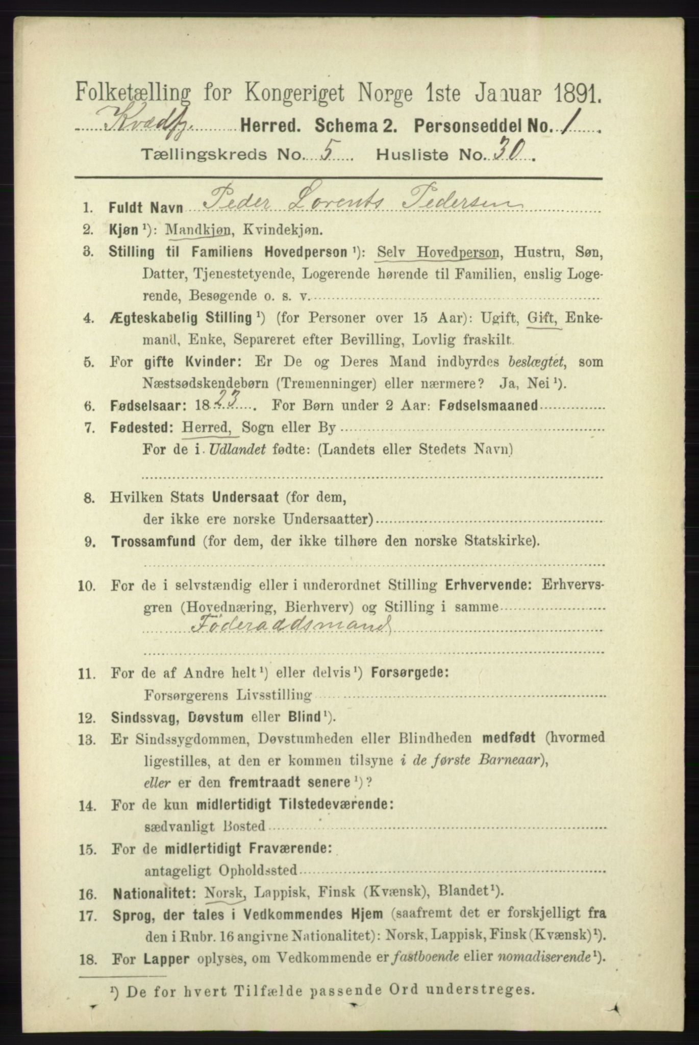 RA, 1891 census for 1911 Kvæfjord, 1891, p. 3044