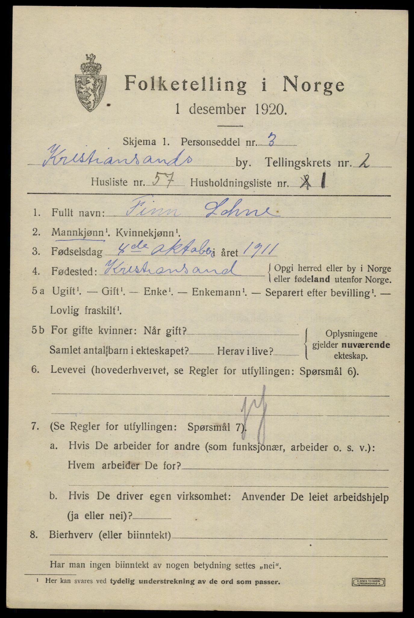 SAK, 1920 census for Kristiansand, 1920, p. 34781