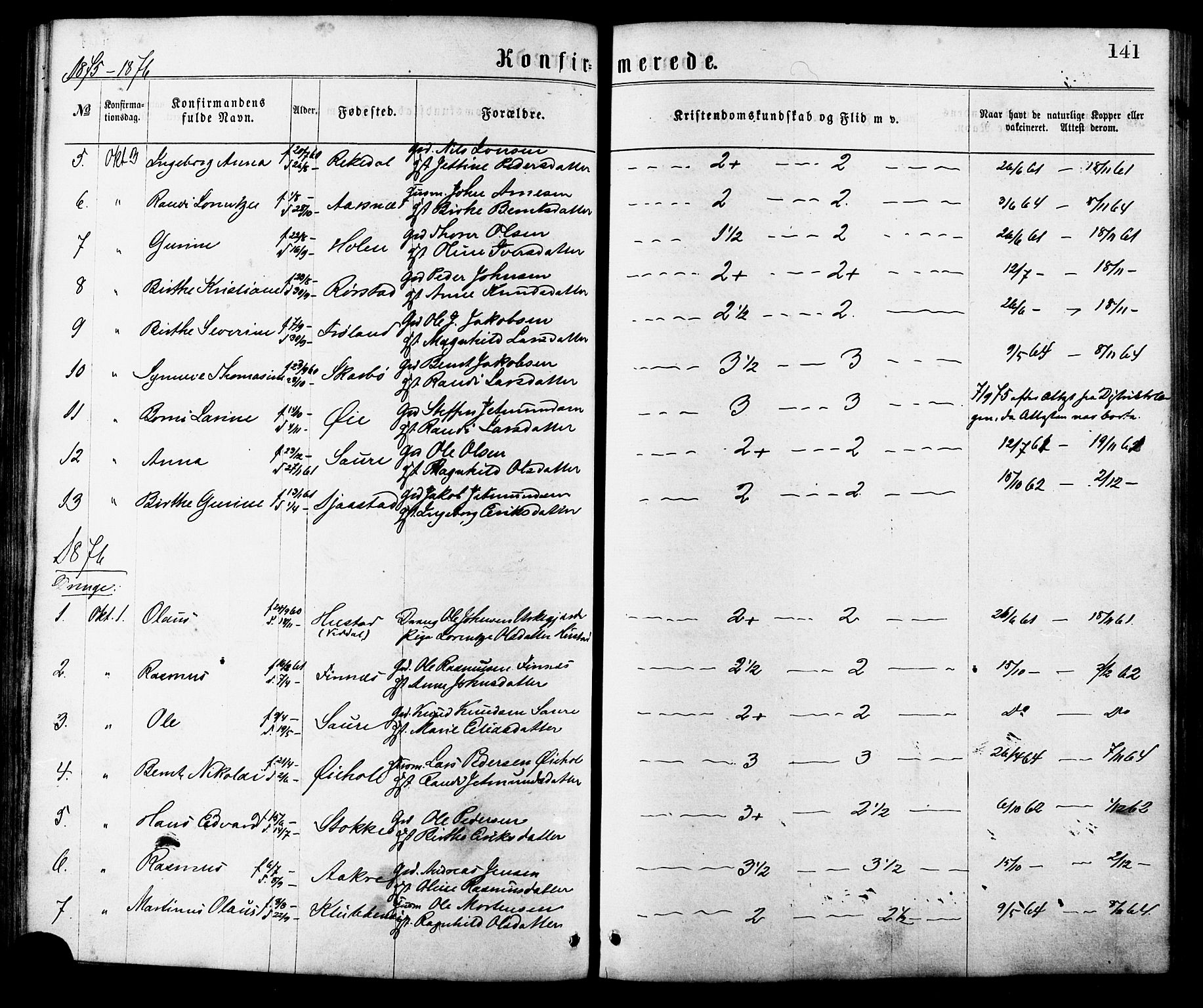 Ministerialprotokoller, klokkerbøker og fødselsregistre - Møre og Romsdal, SAT/A-1454/515/L0210: Parish register (official) no. 515A06, 1868-1885, p. 141