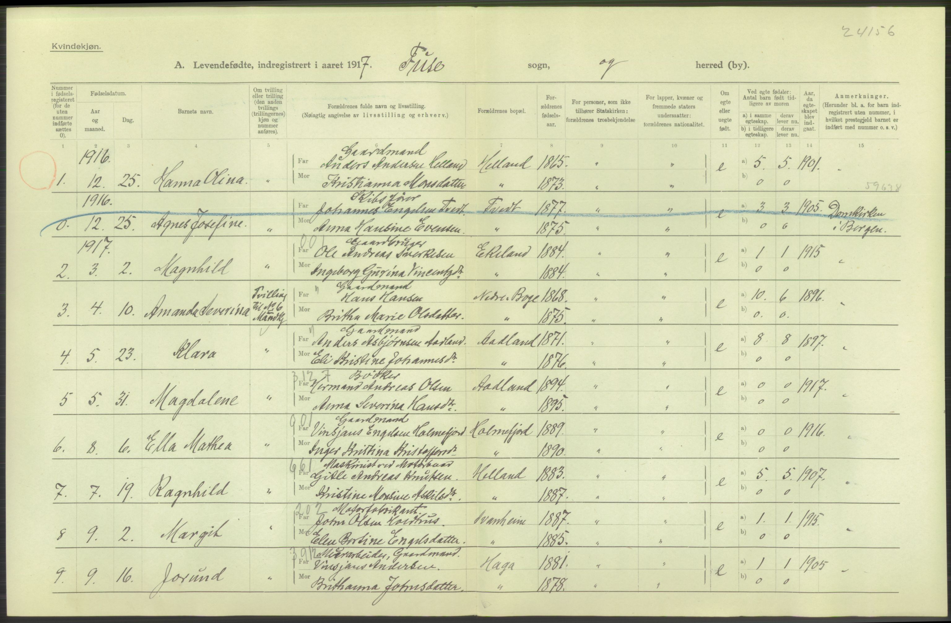 Statistisk sentralbyrå, Sosiodemografiske emner, Befolkning, AV/RA-S-2228/D/Df/Dfb/Dfbg/L0034: S. Bergenhus amt: Levendefødte menn og kvinner. Bygder., 1917, p. 536