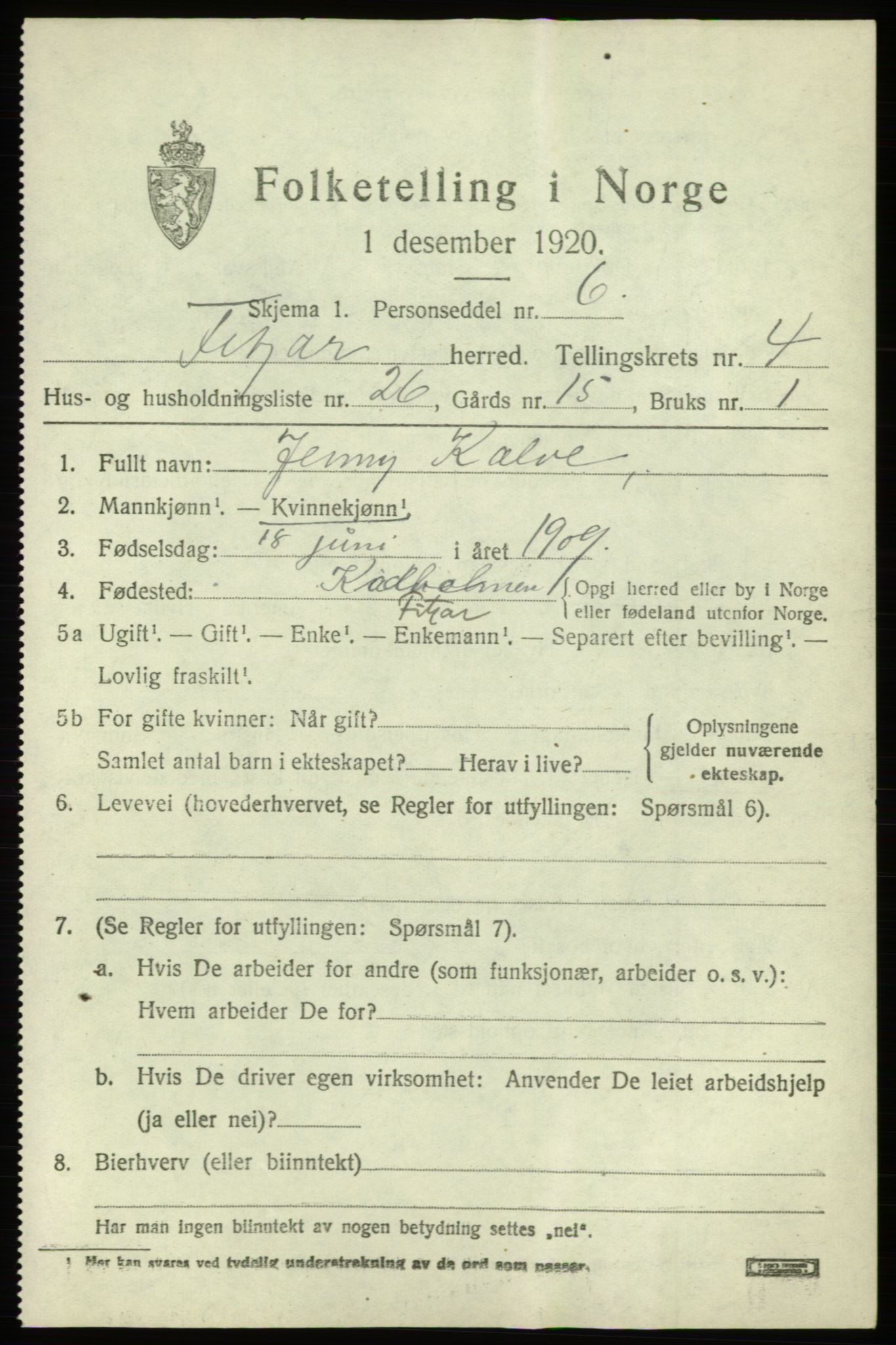 SAB, 1920 census for Fitjar, 1920, p. 2514