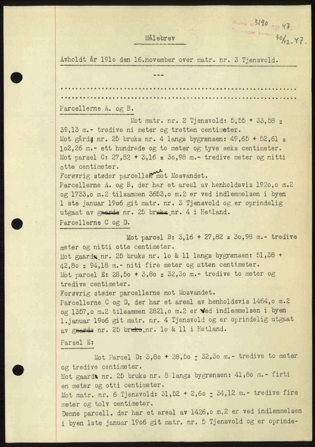 Stavanger byrett, SAST/A-100455/002/G/Gb/L0022: Mortgage book no. A11, 1947-1948, Diary no: : 3190/1947