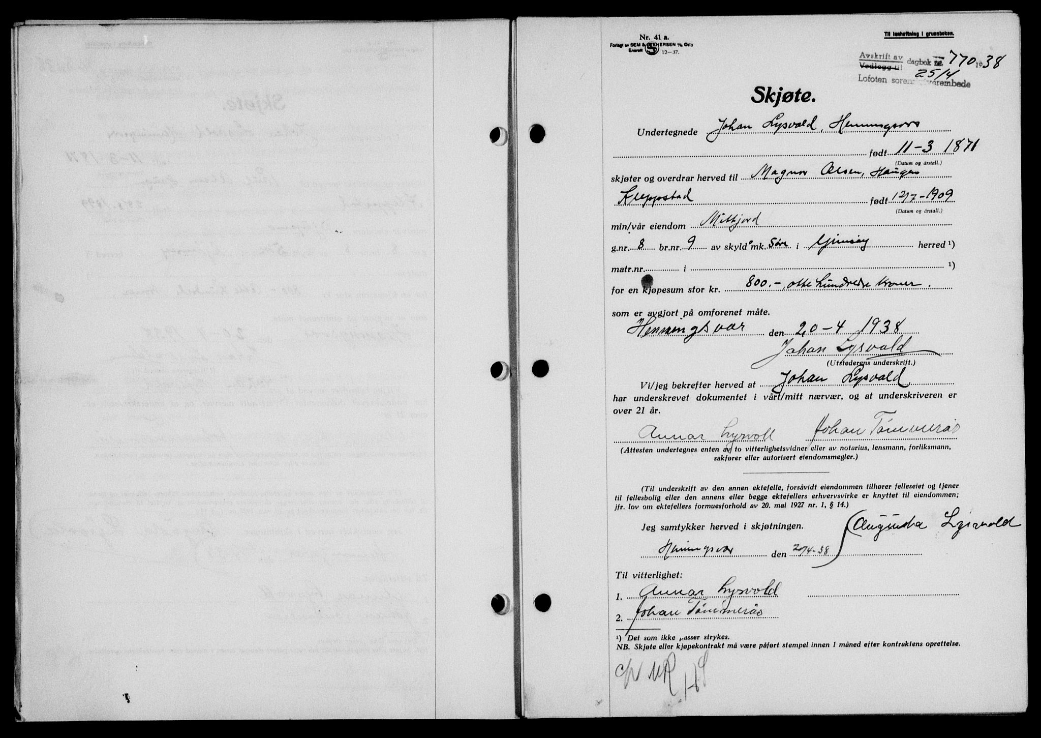 Lofoten sorenskriveri, SAT/A-0017/1/2/2C/L0004a: Mortgage book no. 4a, 1938-1938, Diary no: : 770/1938