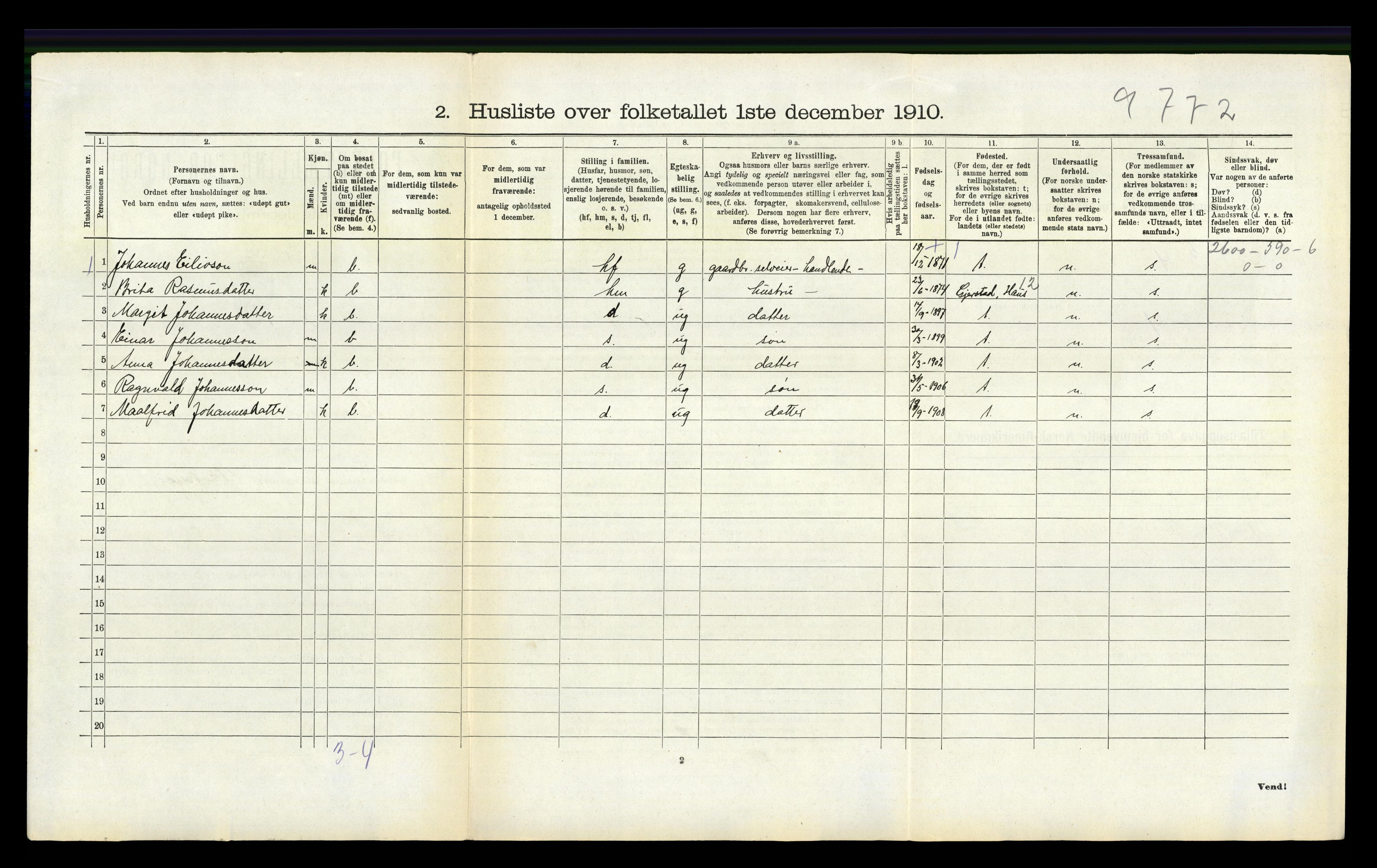 RA, 1910 census for Hamre, 1910, p. 543