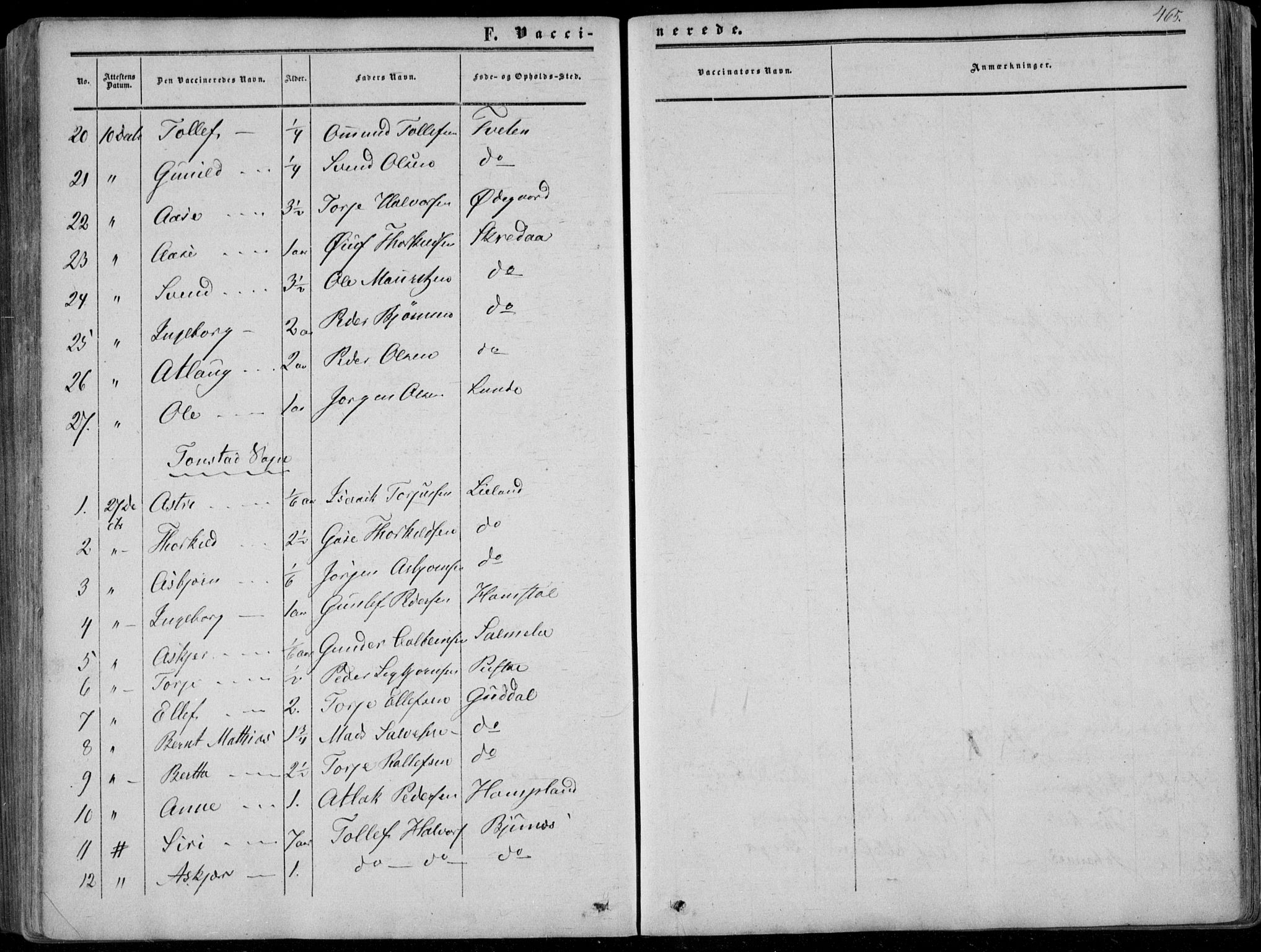 Sirdal sokneprestkontor, SAK/1111-0036/F/Fa/Fab/L0002: Parish register (official) no. A 2, 1855-1874, p. 465