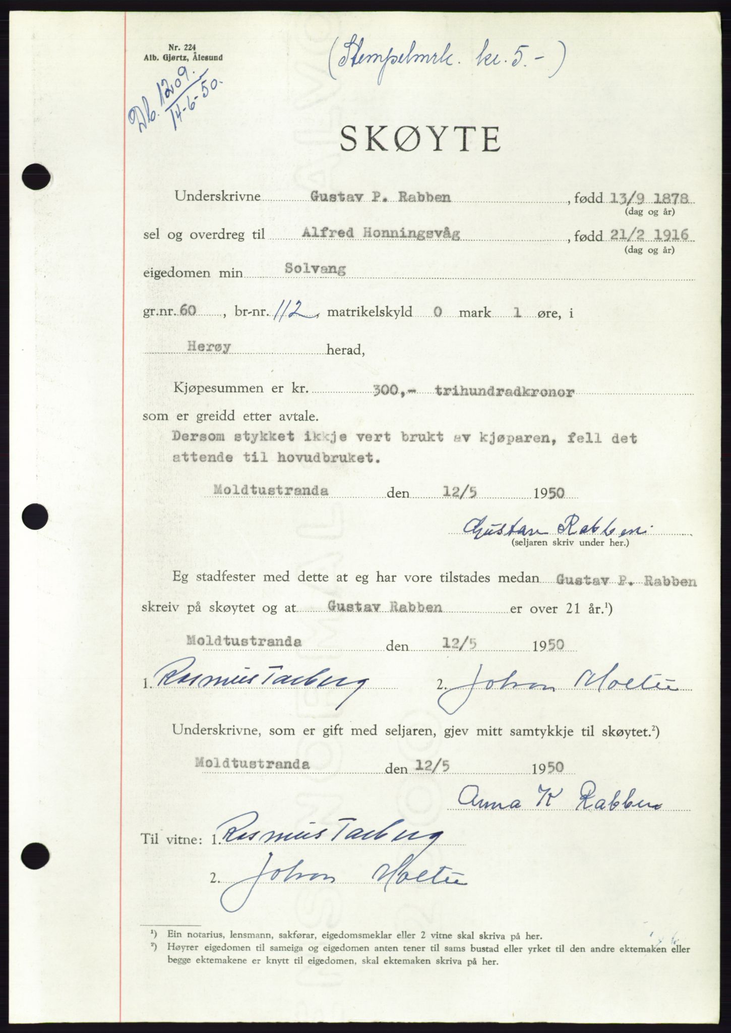 Søre Sunnmøre sorenskriveri, AV/SAT-A-4122/1/2/2C/L0087: Mortgage book no. 13A, 1950-1950, Diary no: : 1209/1950