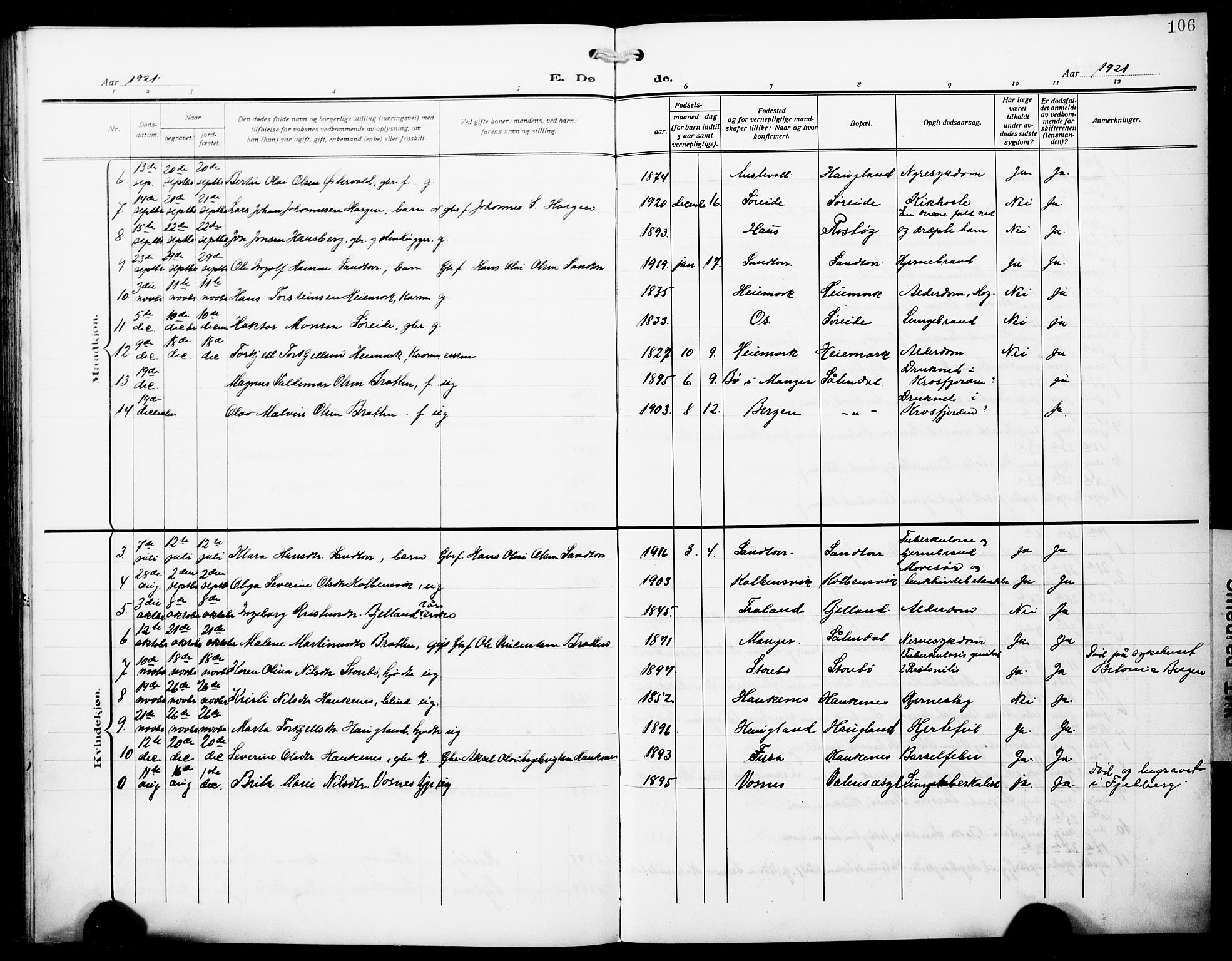 Austevoll sokneprestembete, AV/SAB-A-74201/H/Ha/Hab/Haba/L0005: Parish register (copy) no. A 5, 1913-1925, p. 106