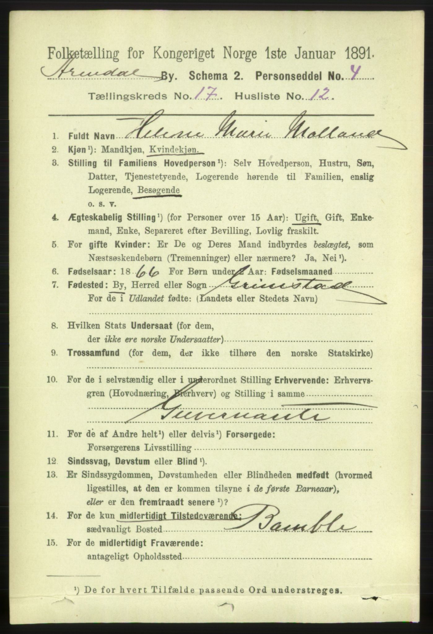 RA, 1891 census for 0903 Arendal, 1891, p. 5761