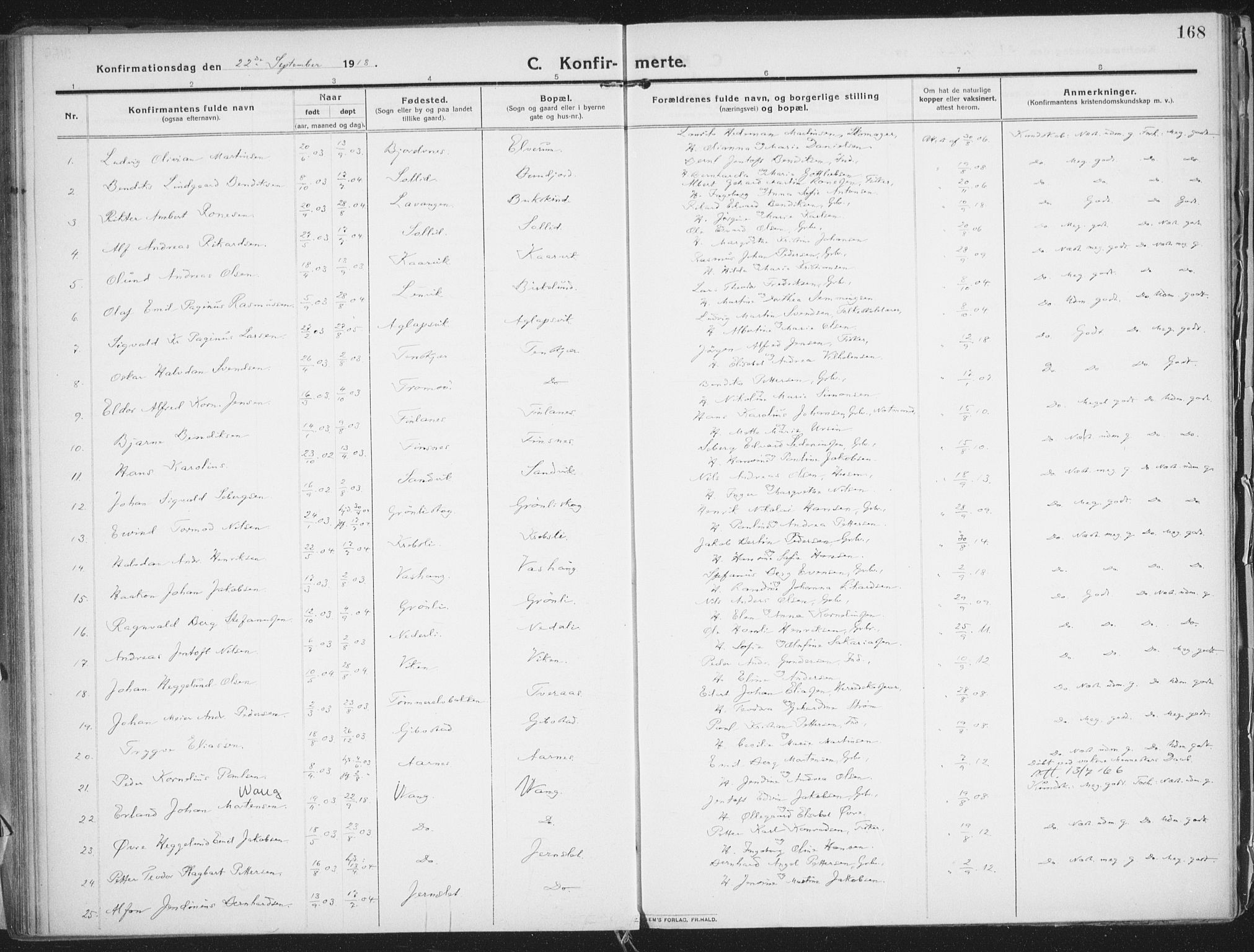 Lenvik sokneprestembete, AV/SATØ-S-1310/H/Ha/Haa/L0016kirke: Parish register (official) no. 16, 1910-1924, p. 168