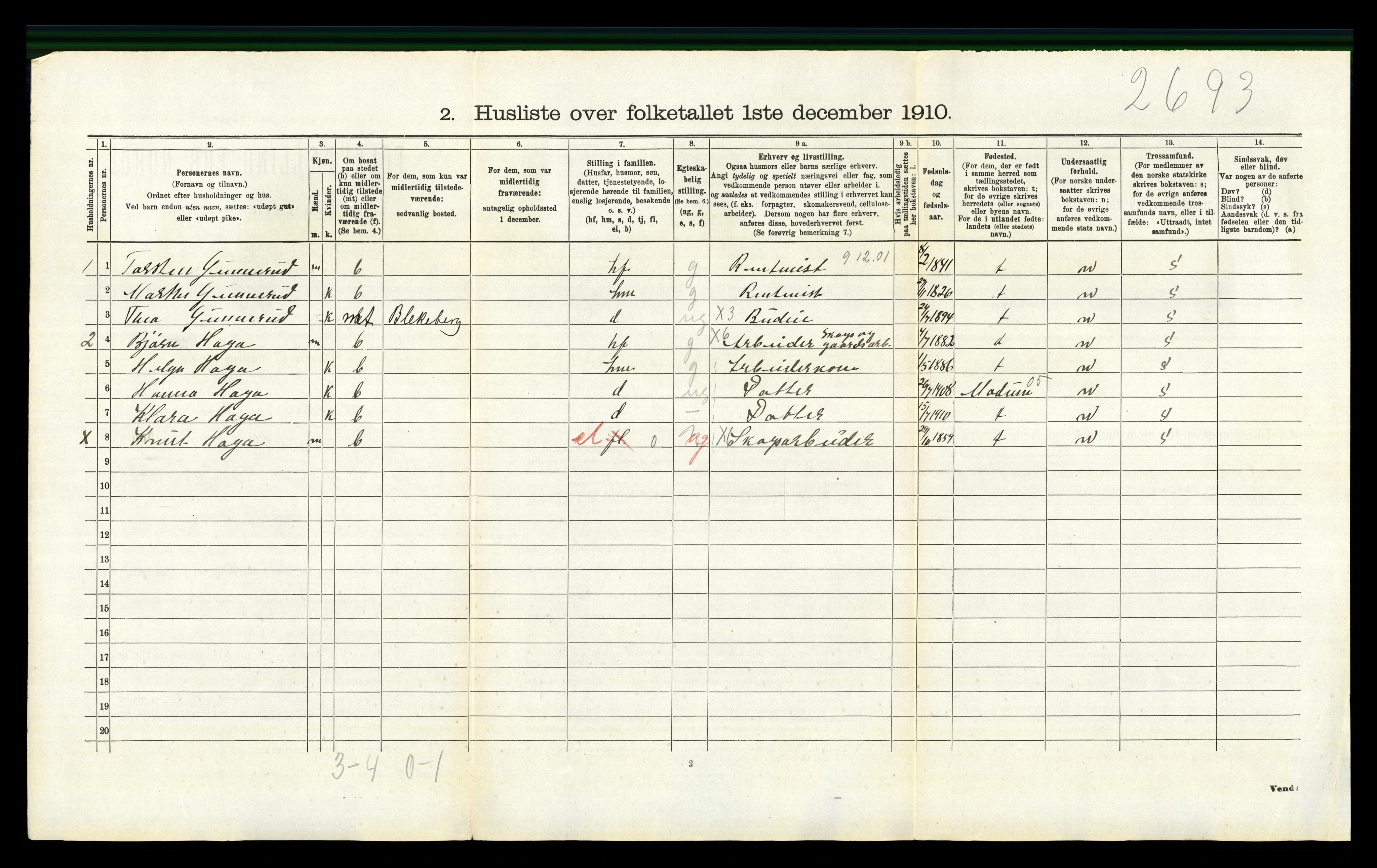 RA, 1910 census for Sigdal, 1910, p. 1067